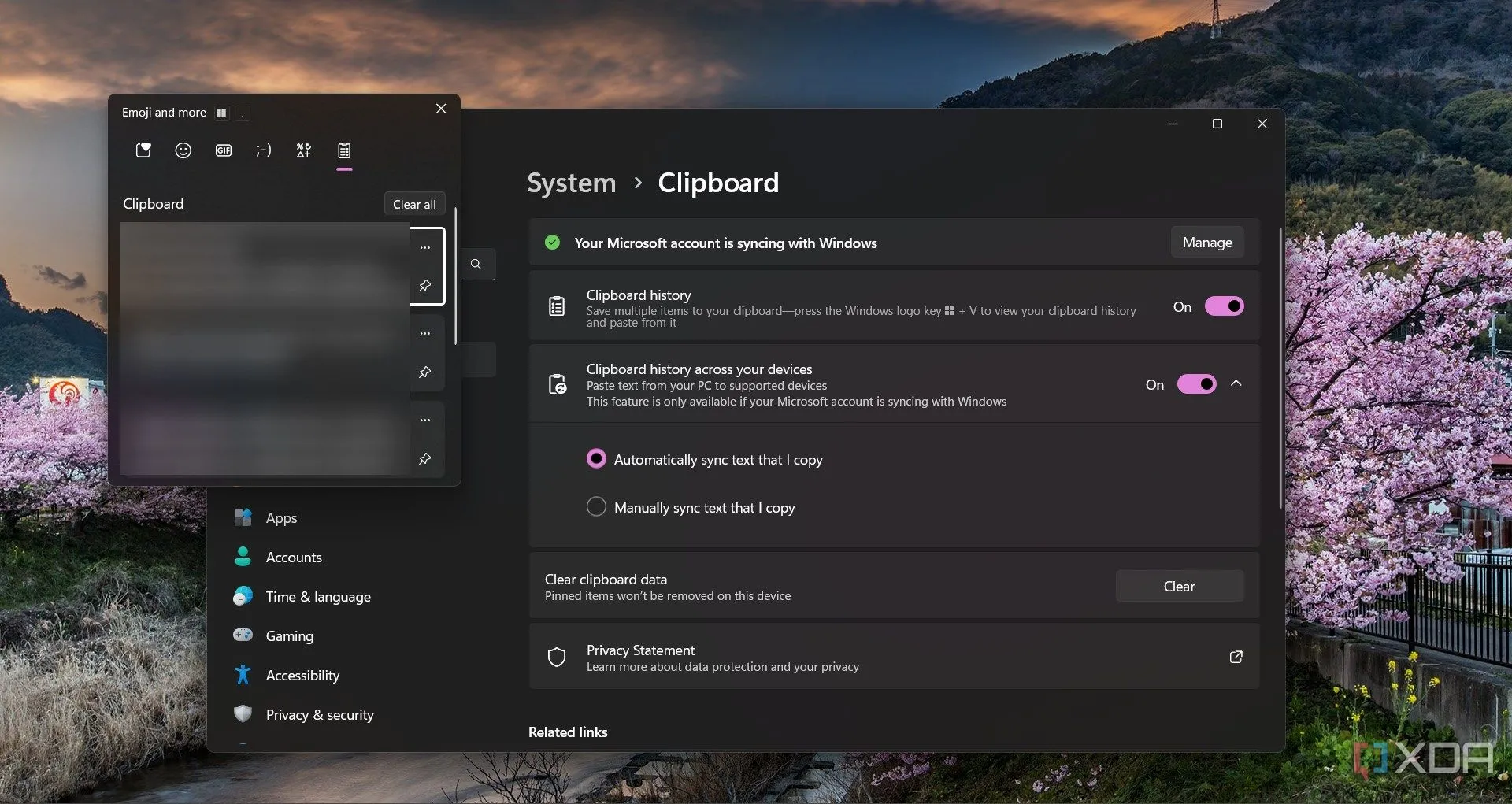 Cài đặt và lịch sử Clipboard History trên Windows 11, hiển thị các mục đã sao chép.