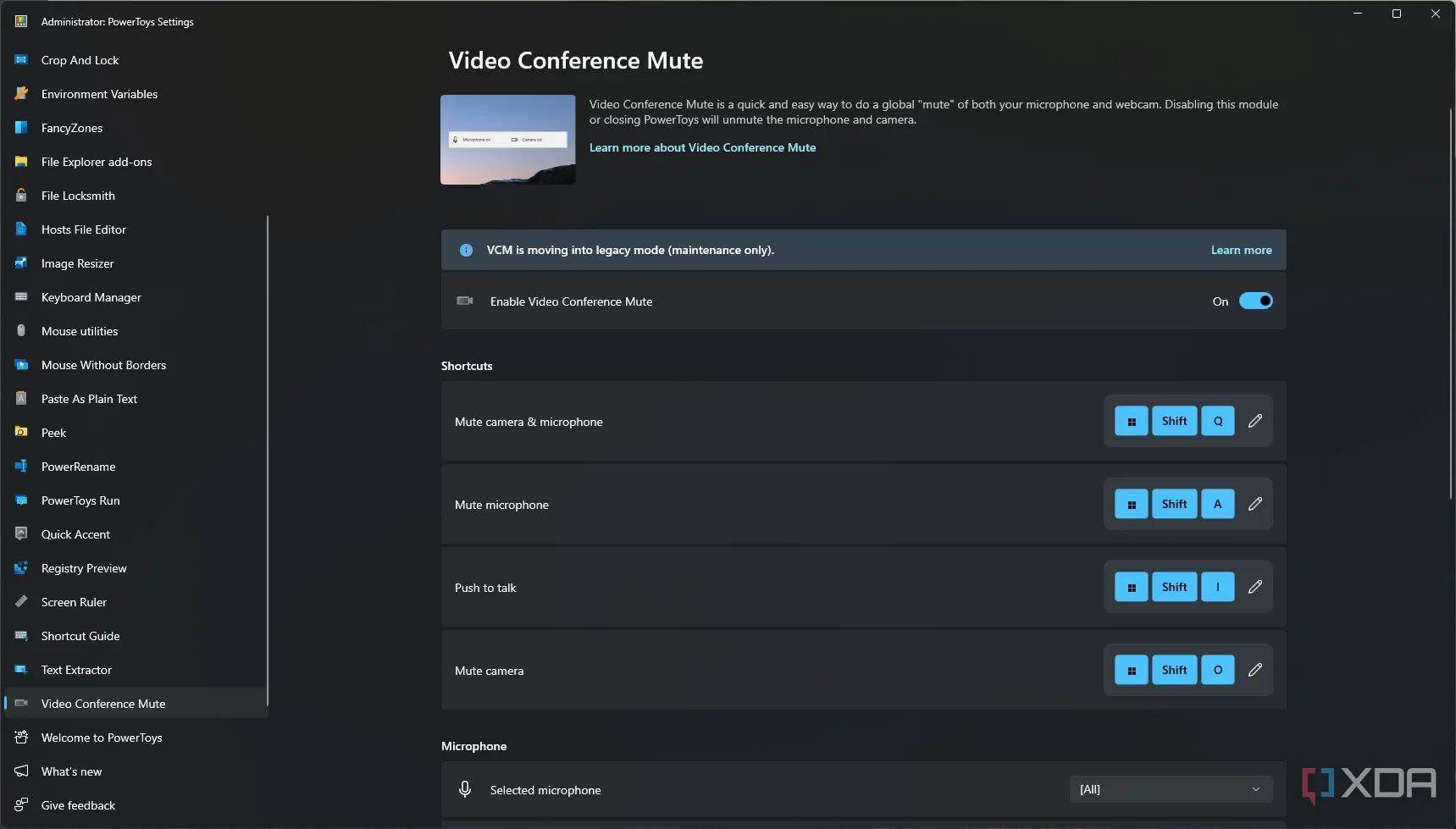 Cài đặt Video Conference Mute trong PowerToys, cho phép người dùng tắt nhanh mic và camera trong các ứng dụng họp trực tuyến.