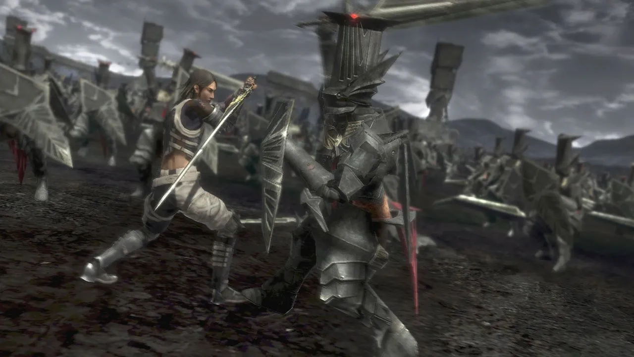 Cảnh chiến đấu kịch tính với nhân vật sử dụng kiếm trong game Lost Odyssey, một JRPG kinh điển trên Xbox 360.