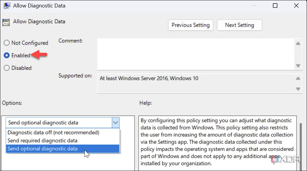 Cấu hình chính sách Allow Diagnostic Data trong Group Policy Editor để sửa lỗi