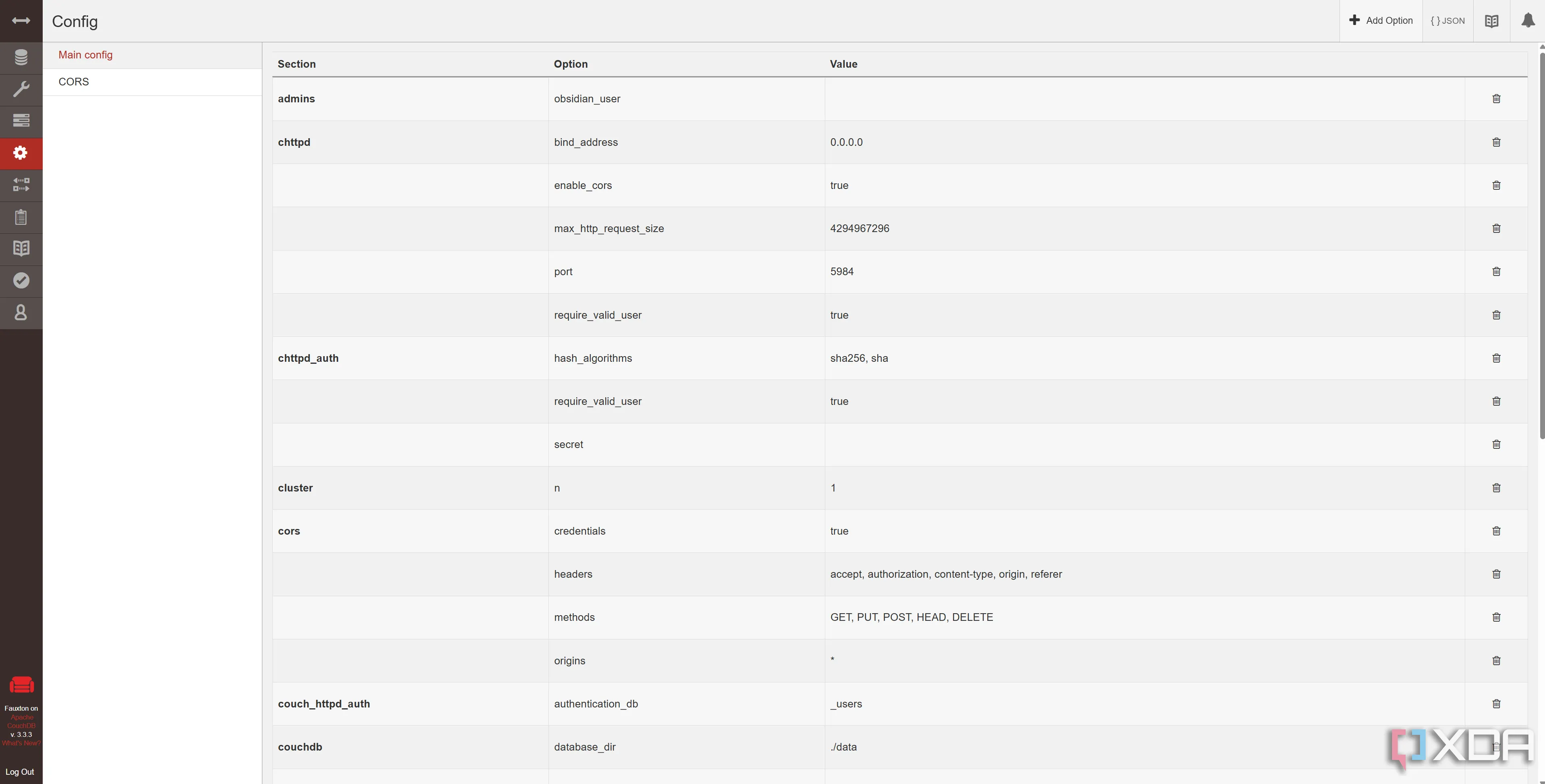 Cấu hình CouchDB với các tùy chọn cho LiveSync trong phần Configuration