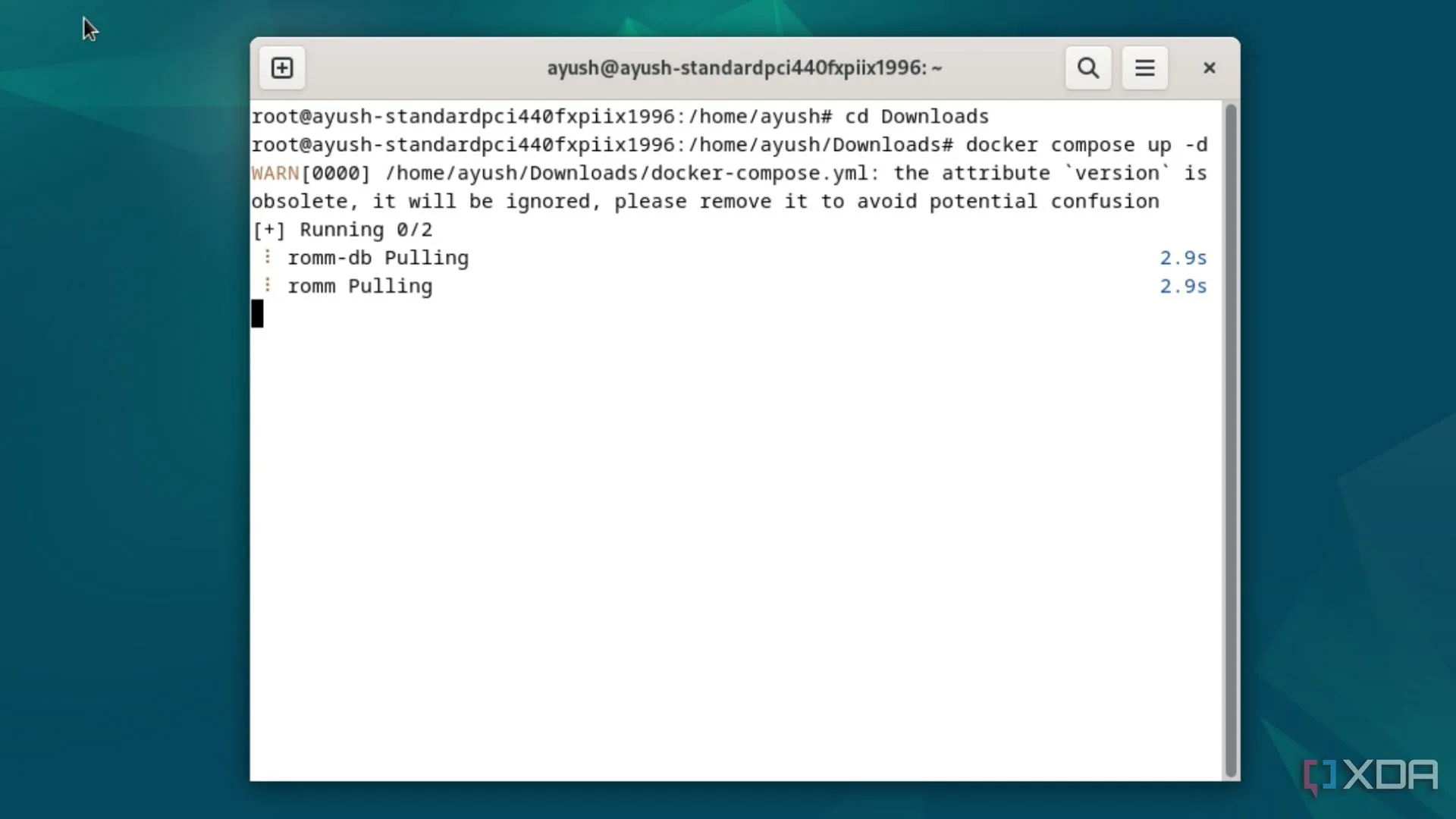 Chạy lệnh docker-compose up để thiết lập môi trường RomM trên Docker