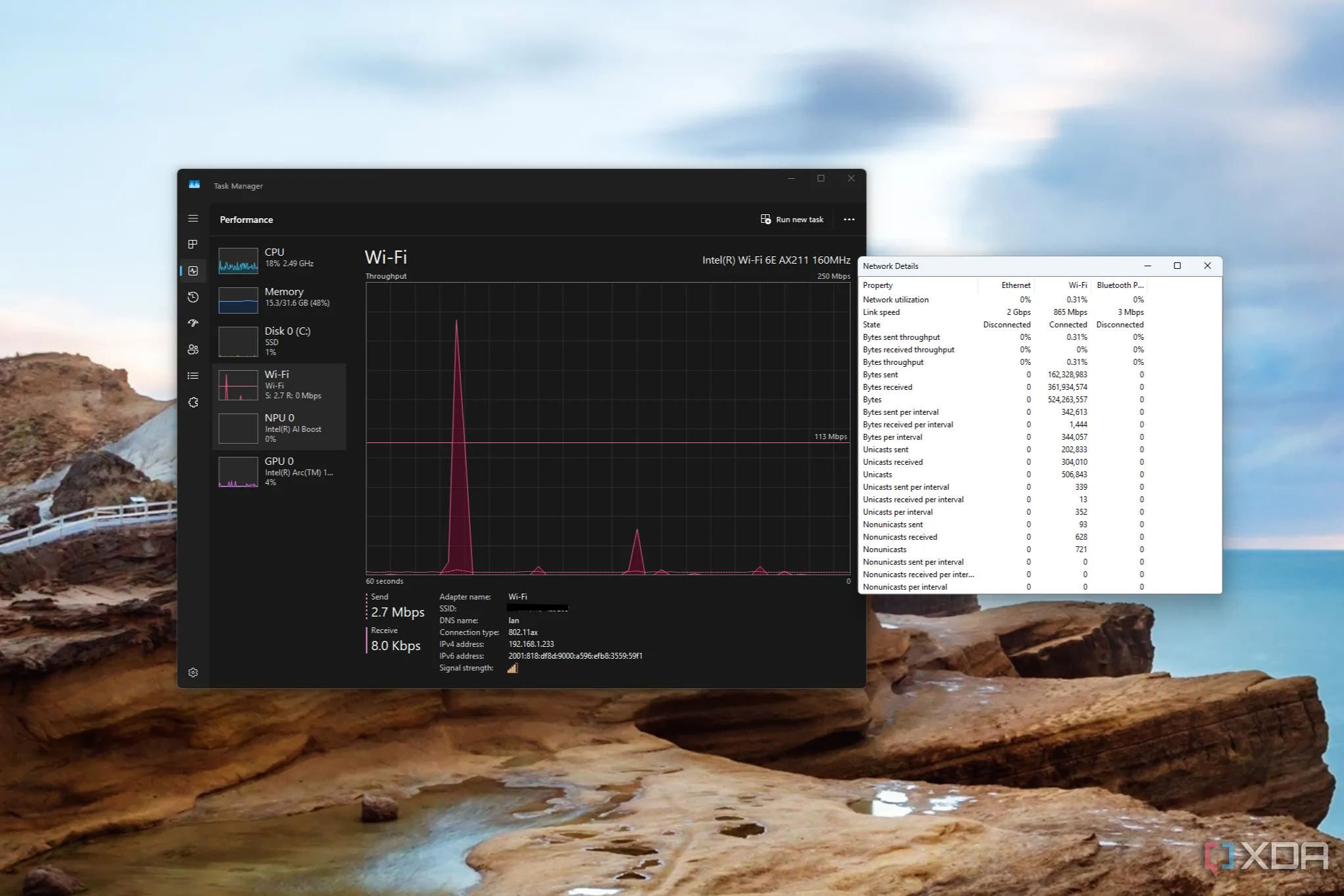 Cửa sổ chi tiết kết nối mạng trong Task Manager