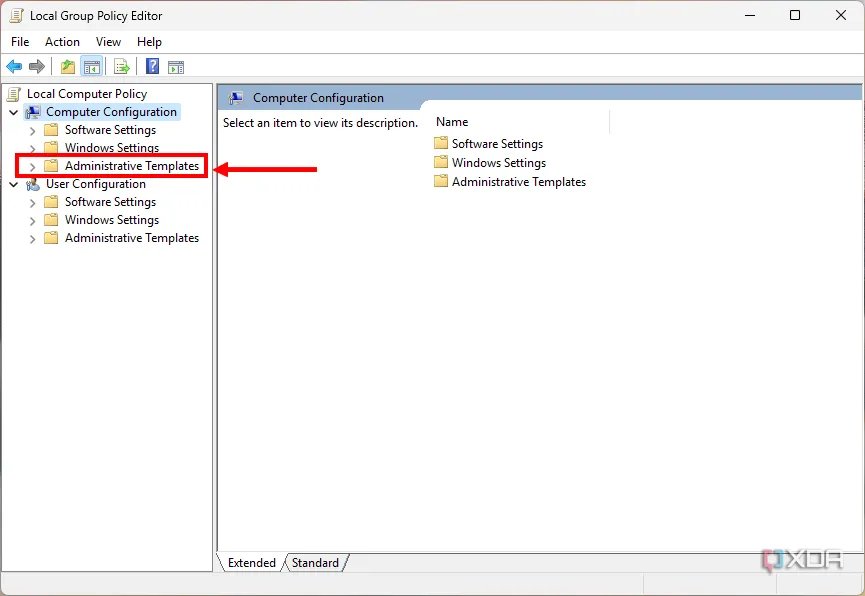 Cửa sổ Group Policy Editor với tùy chọn Mẫu quản trị được đánh dấu