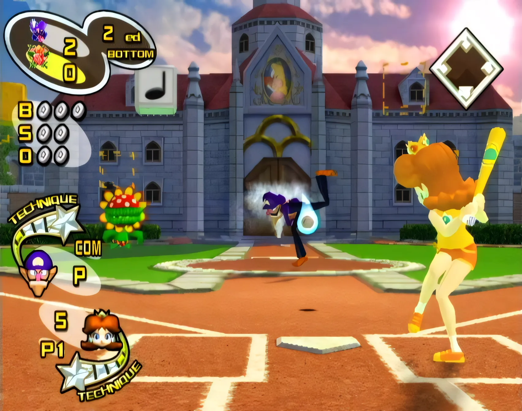 Daisy trong Mario Superstar Baseball đang đánh bóng