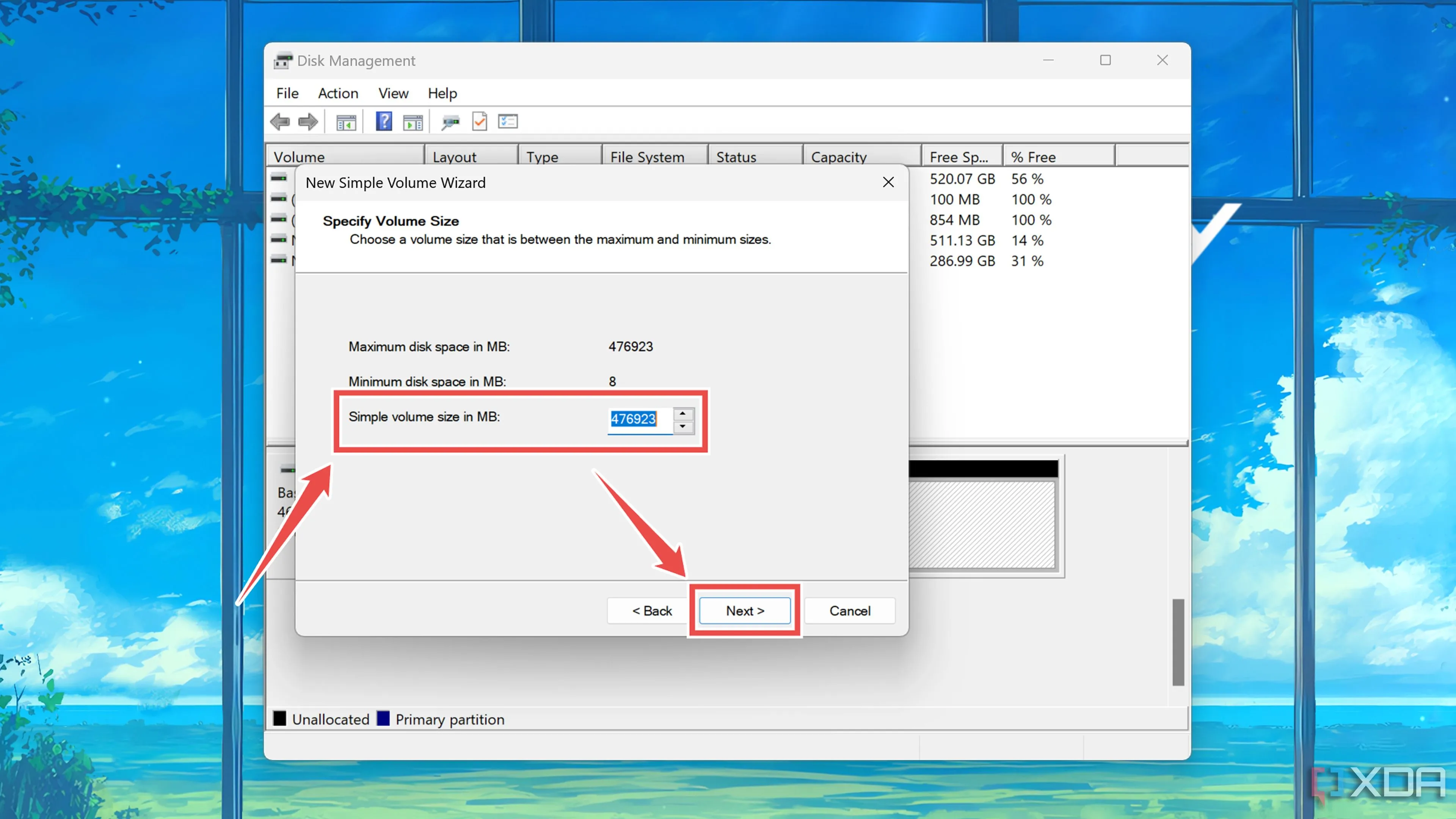 Đặt kích thước cho phân vùng ổ đĩa mới trong công cụ Quản lý Đĩa của Windows.