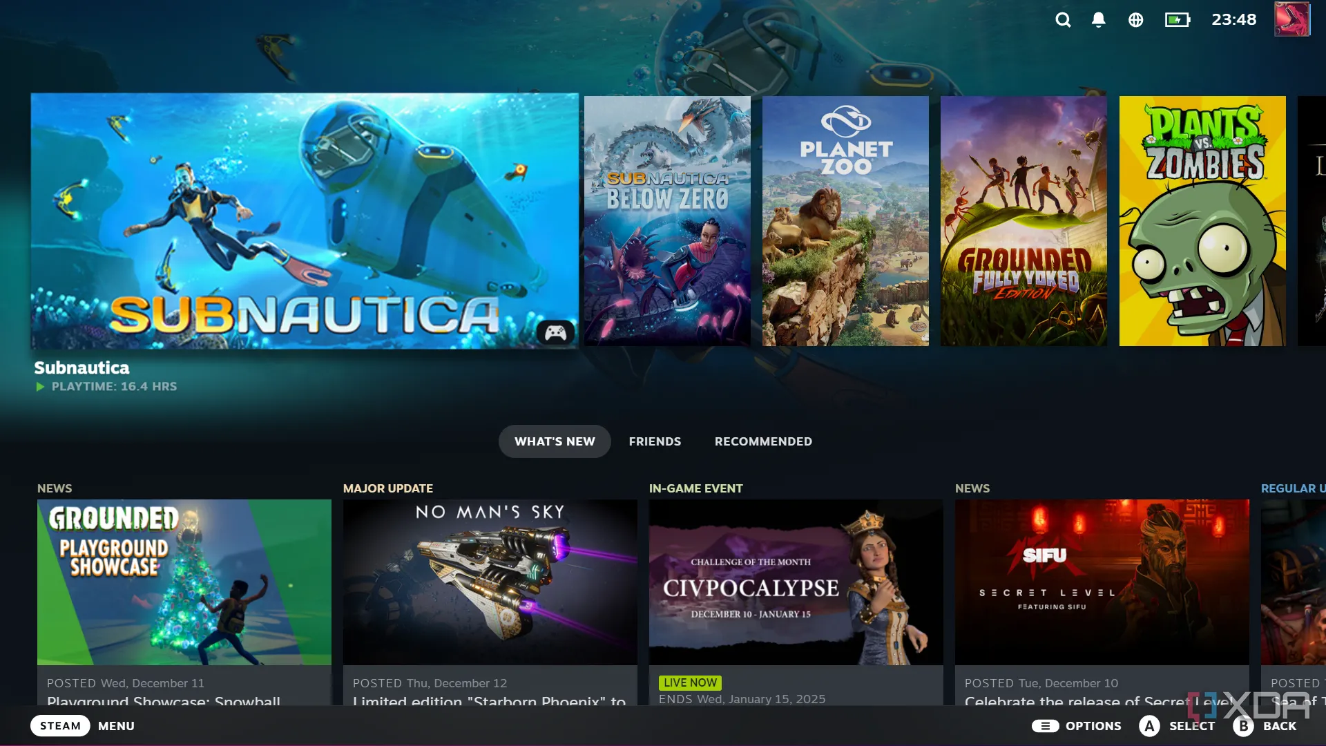 Giao diện Big Picture Mode của Steam hiển thị thư viện game trên màn hình lớn