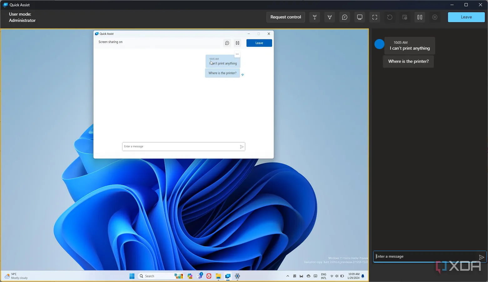 Giao diện chat của Quick Assist trên Windows 11 nhìn từ góc độ người hỗ trợ, hiển thị hộp thoại trao đổi thông tin