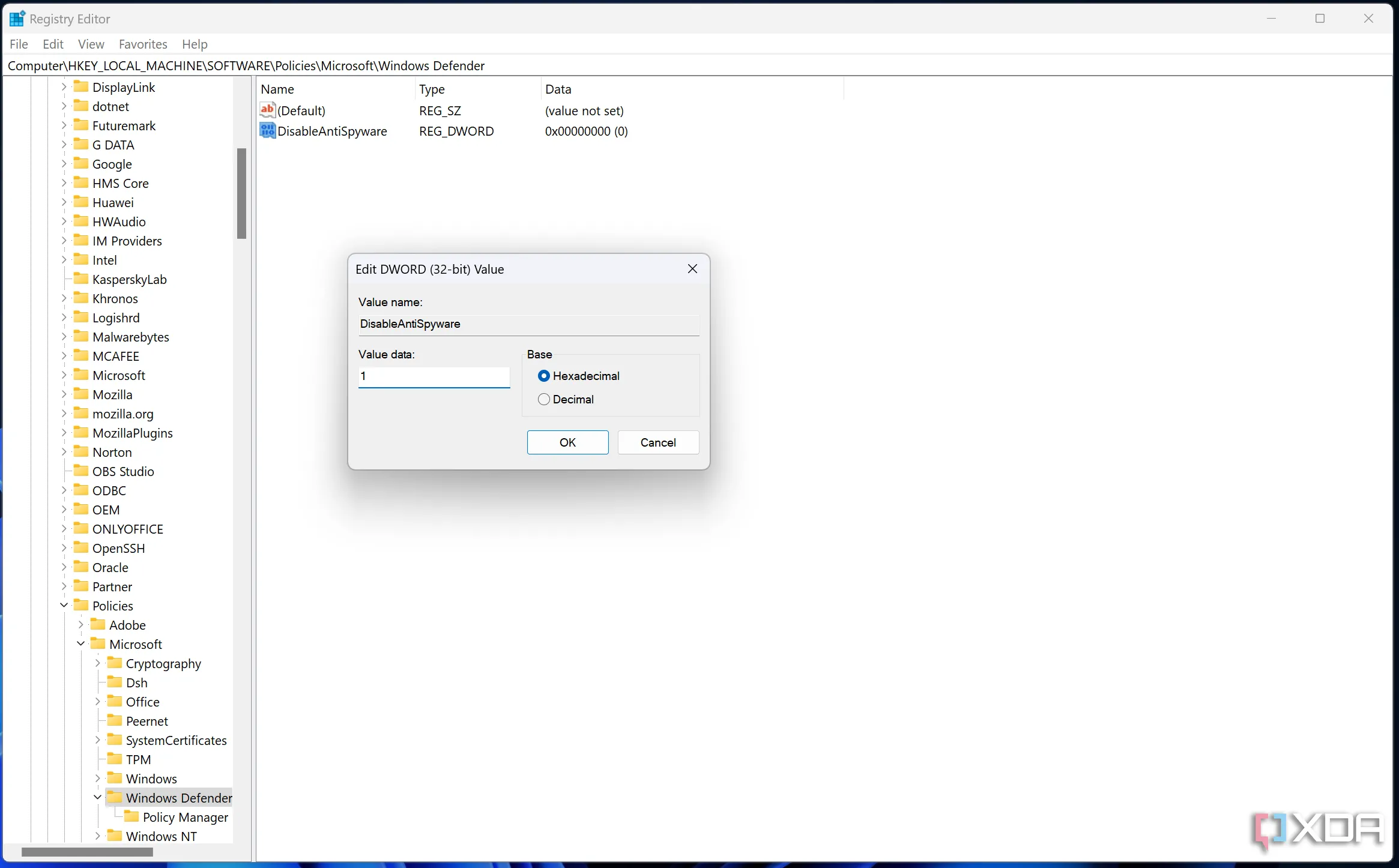 Giao diện chỉnh sửa giá trị Registry để vô hiệu hóa Microsoft Defender