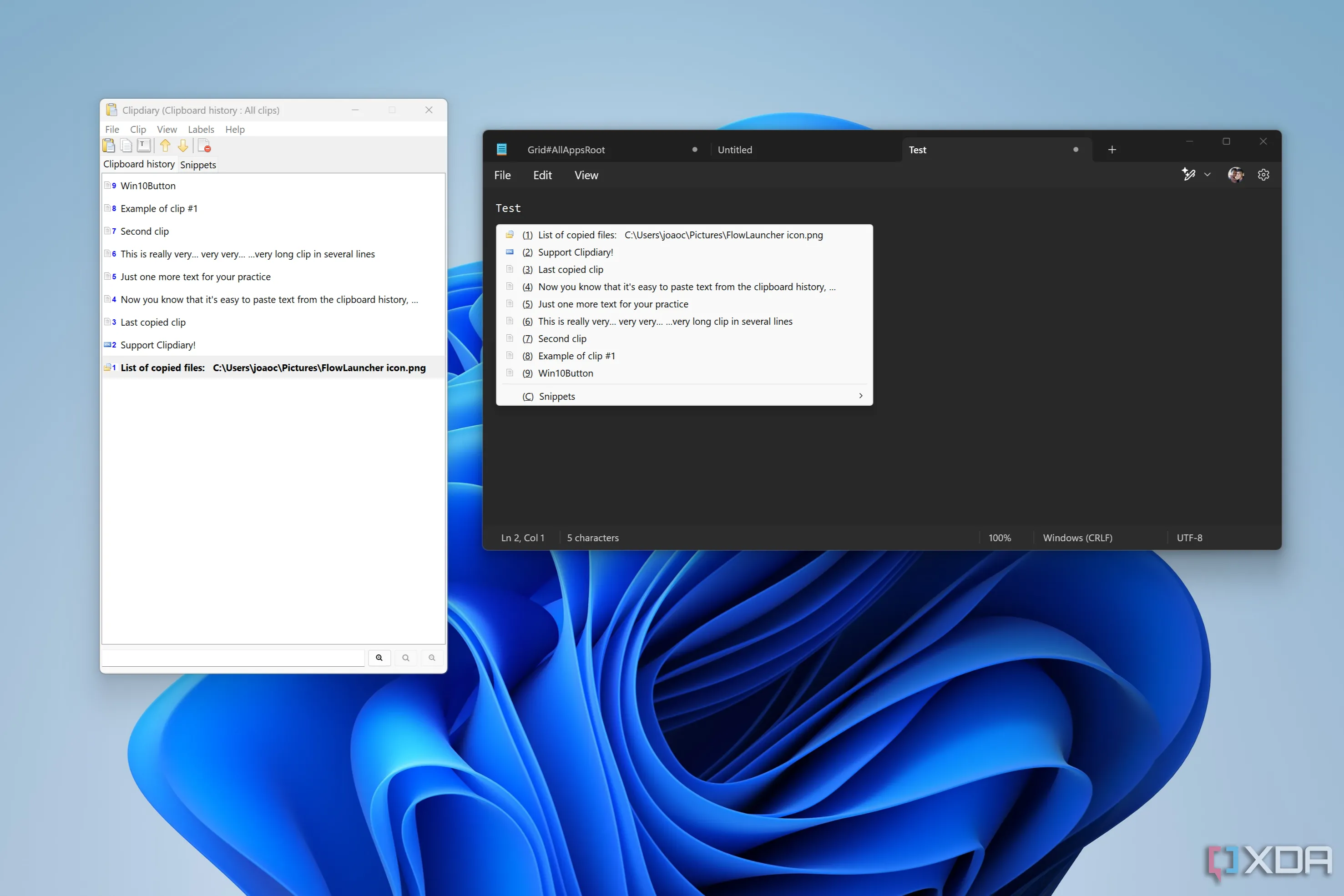 Giao diện Clipdiary hoạt động cùng Notepad, hiển thị các tùy chọn dán nội dung đã sao chép và macro.