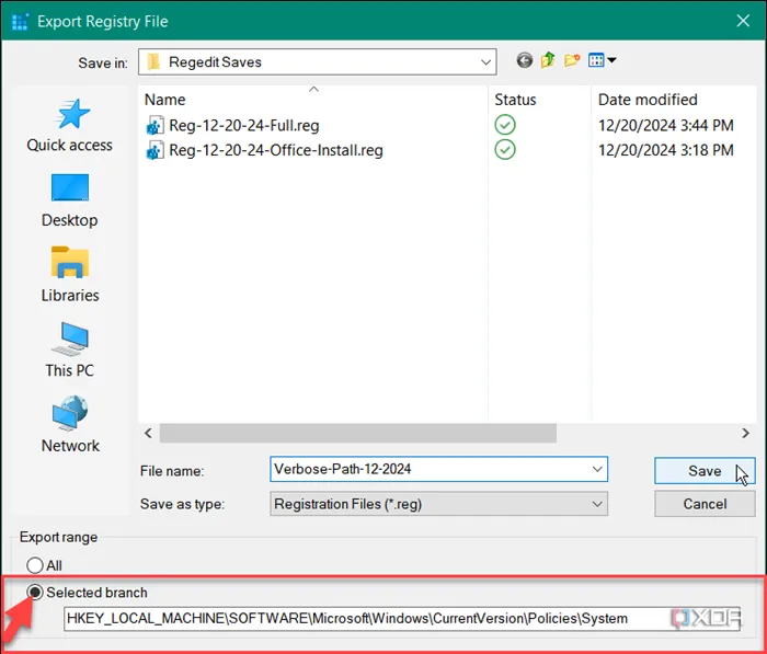Giao diện Export Registry File trong Registry Editor với tùy chọn &quot;Selected branch&quot; để sao lưu khóa Registry riêng lẻ.