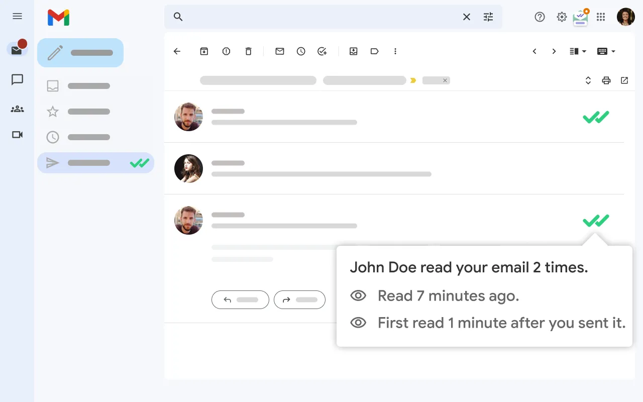 Giao diện Gmail có tiện ích Mailtrack đang hoạt động, hiển thị hai dấu tích màu xanh lá bên cạnh một email đã được người nhận đọc.
