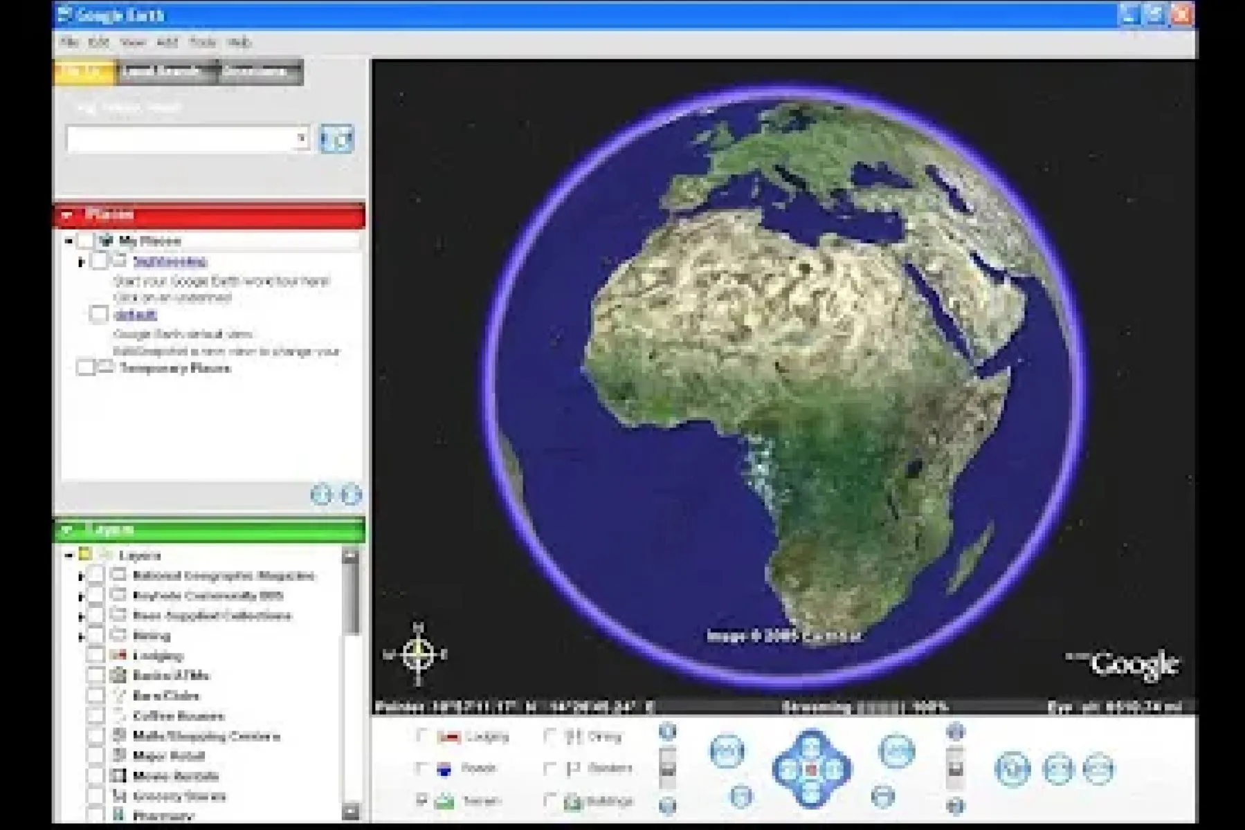 Giao diện khởi chạy ứng dụng Google Earth phiên bản năm 2005 trên máy tính, thể hiện thiết kế ban đầu