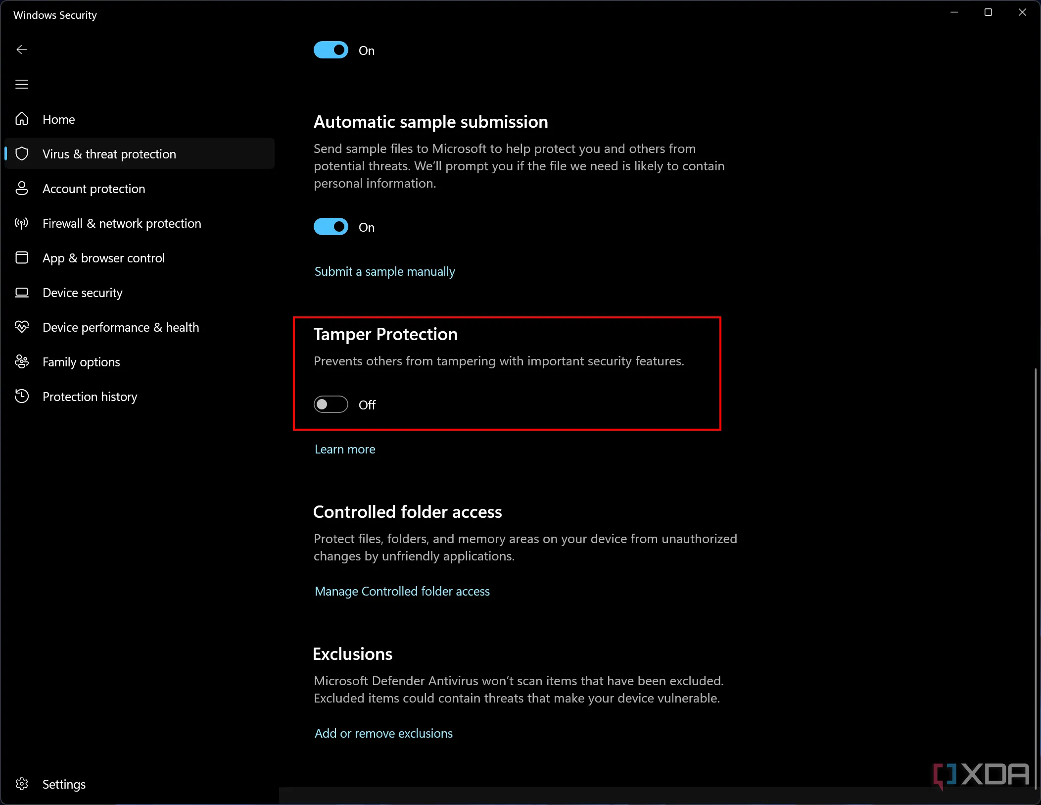 Giao diện Microsoft Defender với Tamper Protection bị vô hiệu hóa