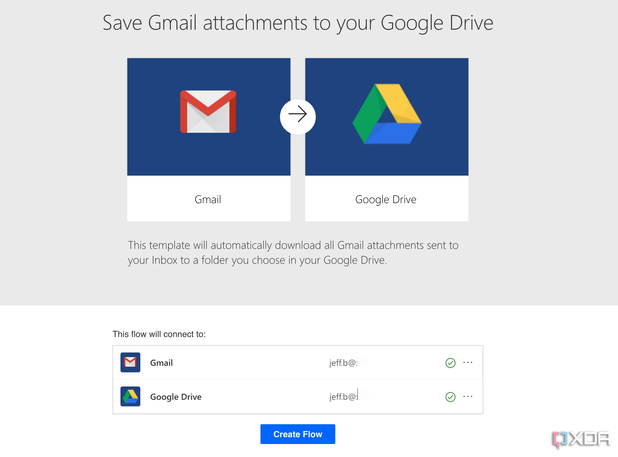 Giao diện Microsoft Power Automate đang thiết lập luồng tự động lưu tệp đính kèm Gmail