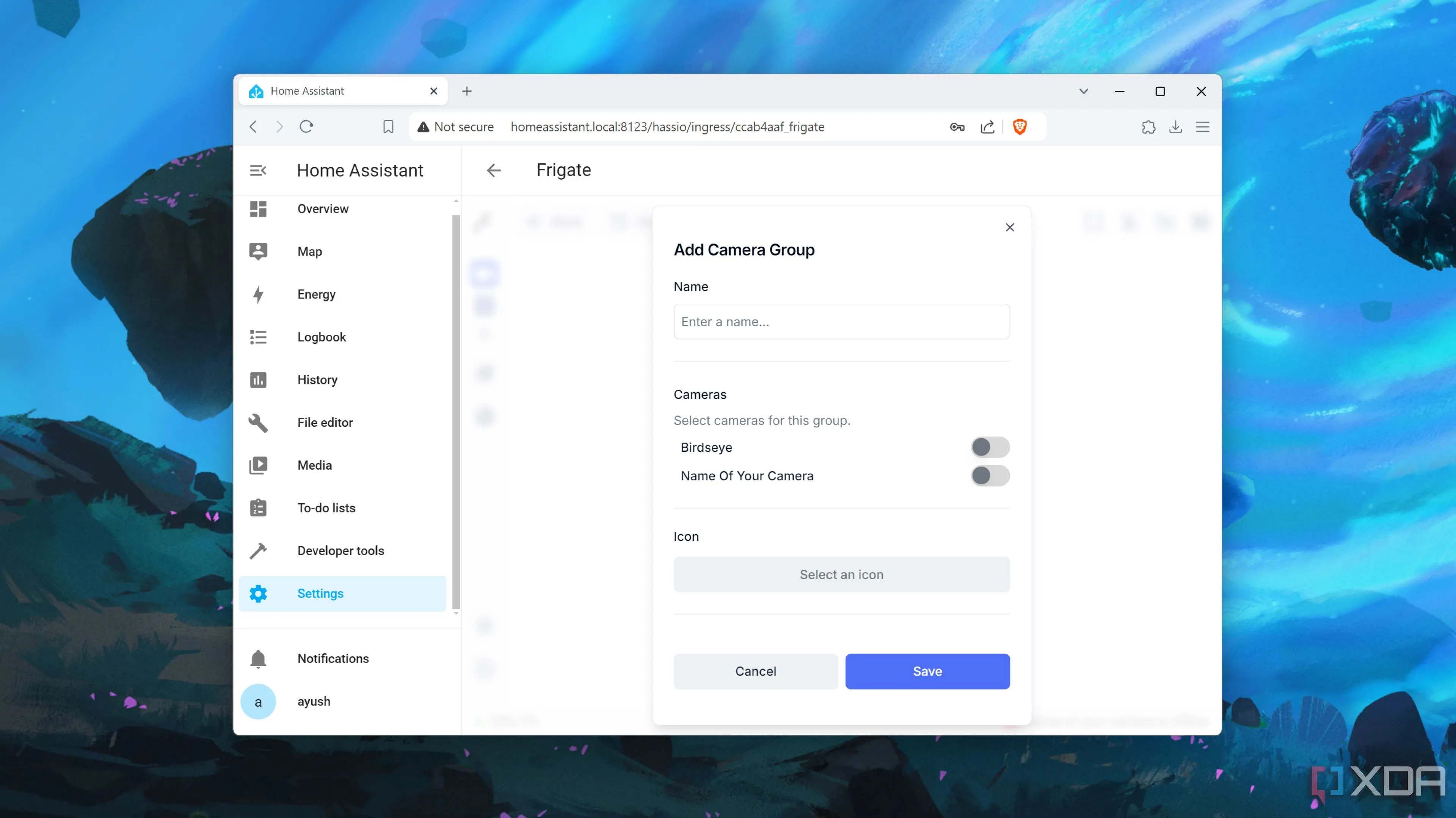 Giao diện người dùng Home Assistant với tiện ích Frigate đang chạy
