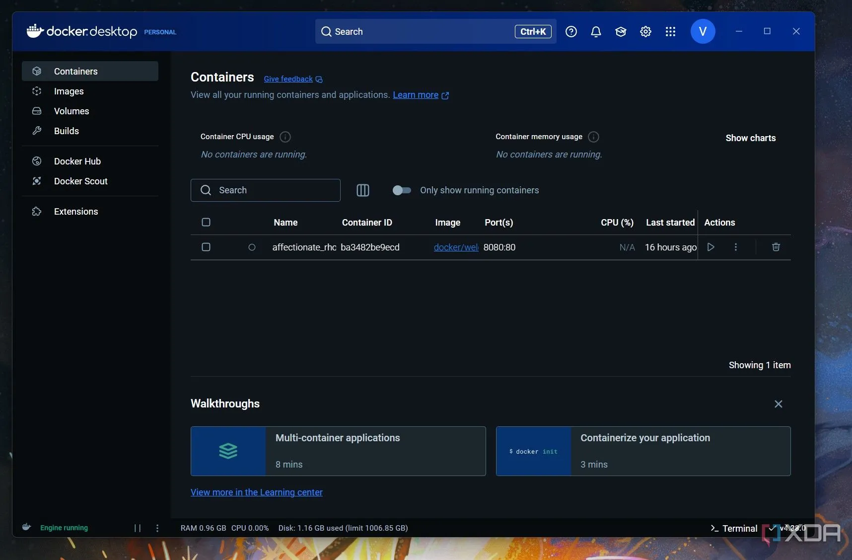 Giao diện quản lý Docker container trên Windows