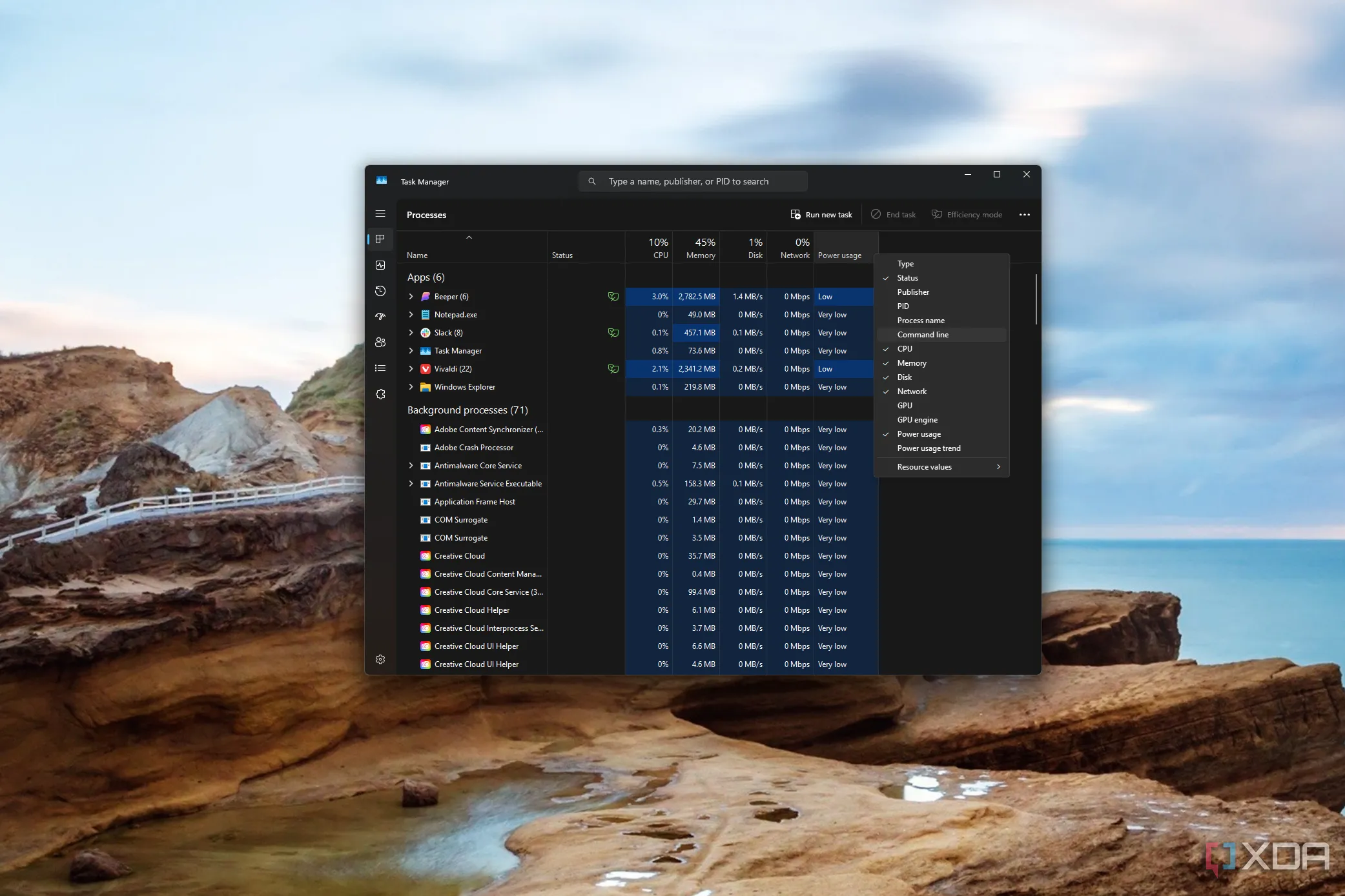 Giao diện tab Processes của Task Manager Windows hiển thị menu ngữ cảnh tùy chọn thêm cột thông tin chi tiết