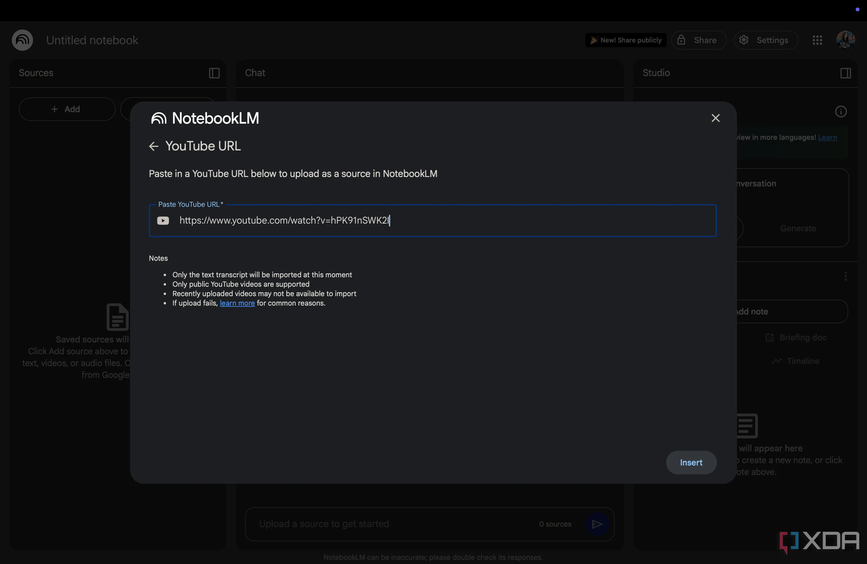 Giao diện tải lên URL video YouTube làm nguồn cho NotebookLM