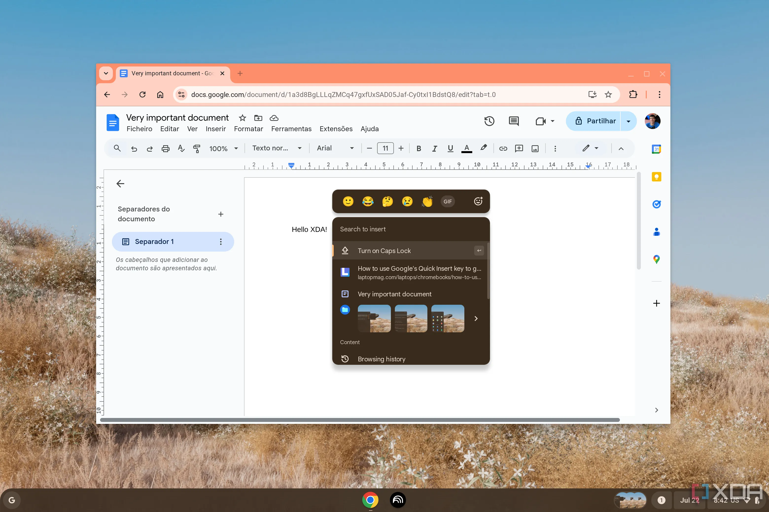 Giao diện tính năng Quick Insert trên ChromeOS trong bản nháp Google Docs, cho phép chèn nhanh nội dung