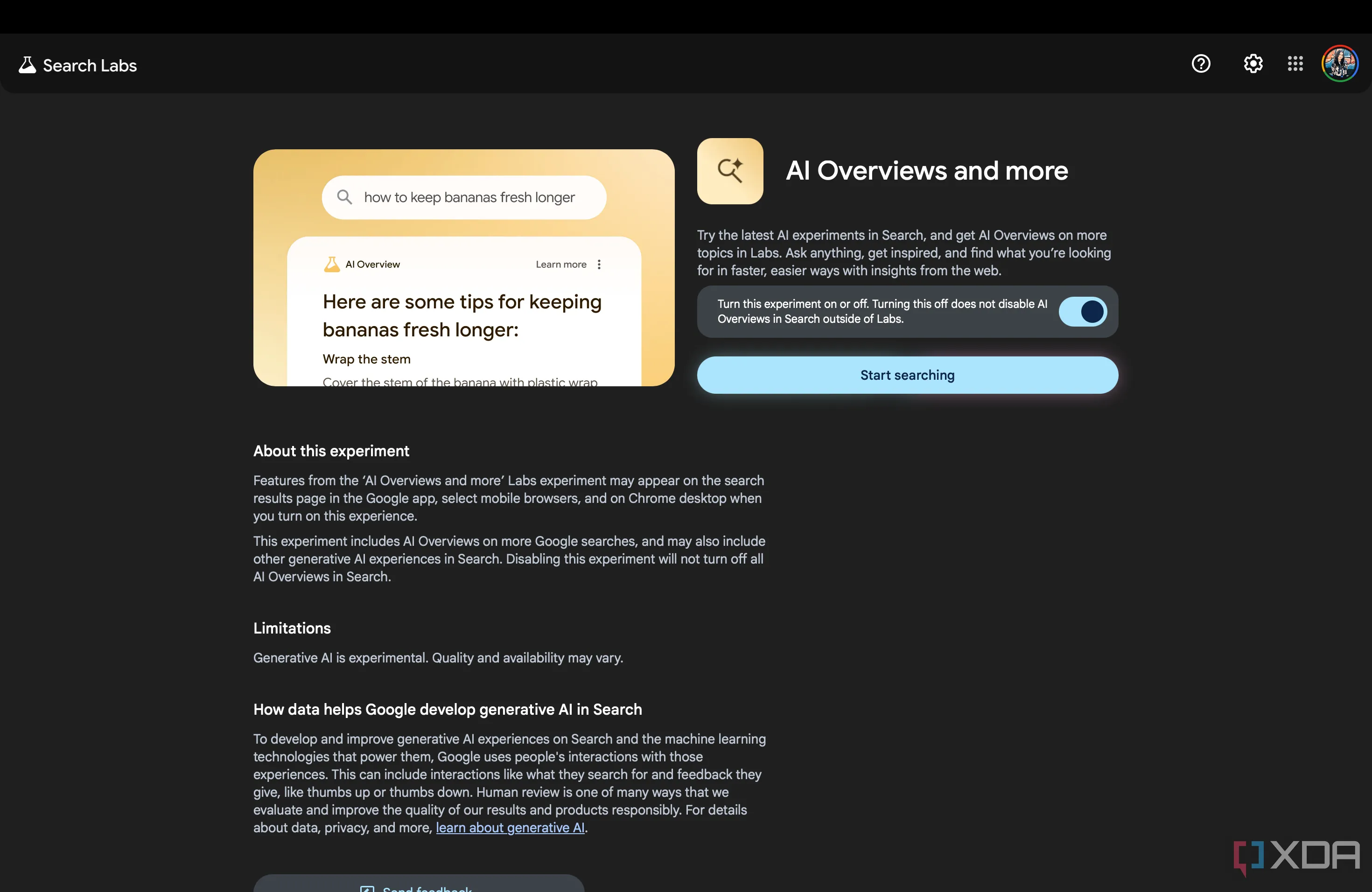 Giao diện trang Google Labs cho phép bật các thử nghiệm AI Overviews