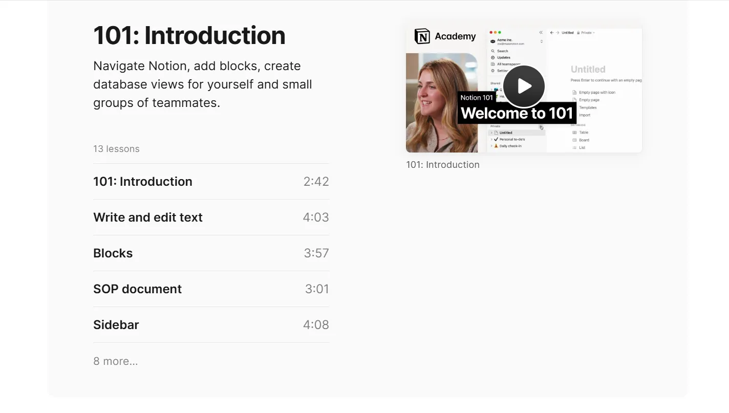 Giao diện trang khóa học của Notion Academy, nơi cung cấp các hướng dẫn về Notion