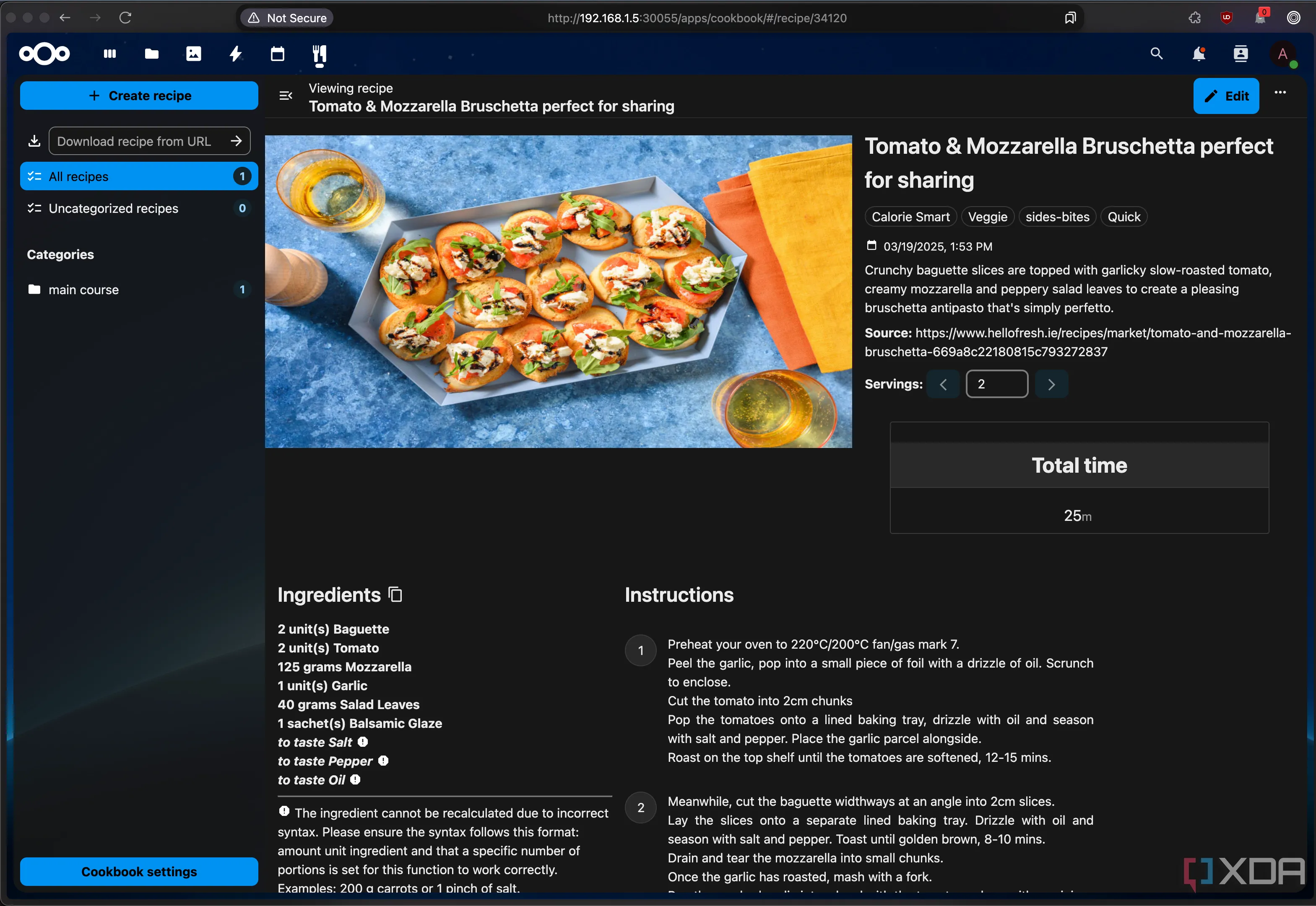 Giao diện ứng dụng Nextcloud Cookbook, minh họa khả năng mở rộng của nền tảng