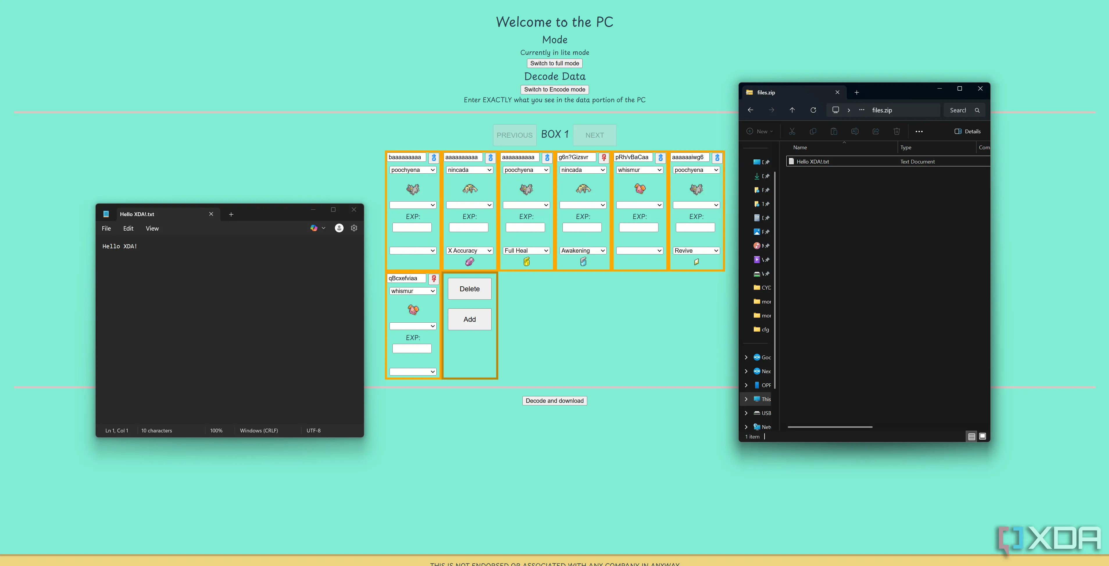 Giao diện website mon-fs để giải mã hộp PC Pokémon từ dữ liệu nhập vào