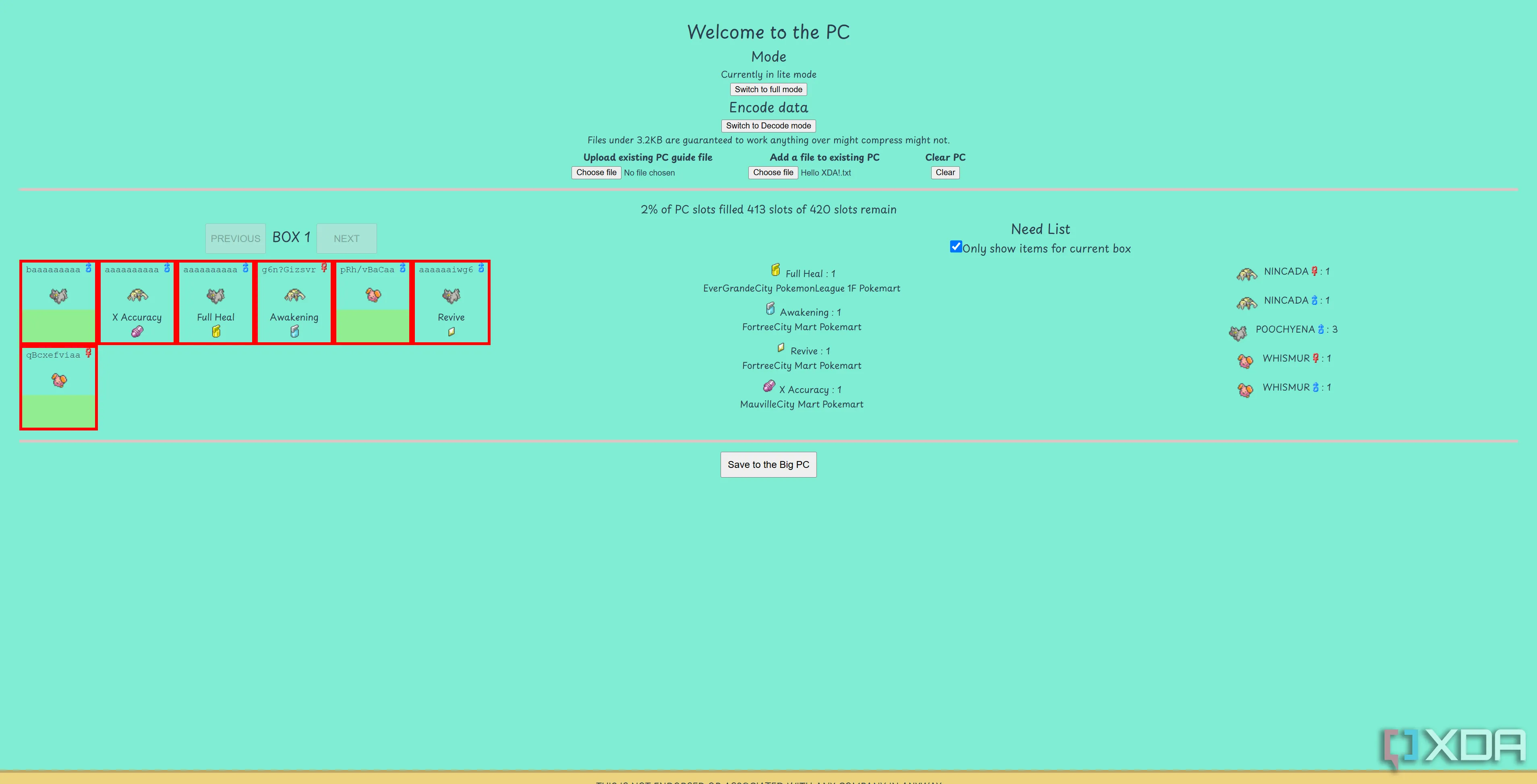 Giao diện website mon-fs khi tạo danh sách Pokémon cần thiết để mã hóa dữ liệu ở chế độ Lite