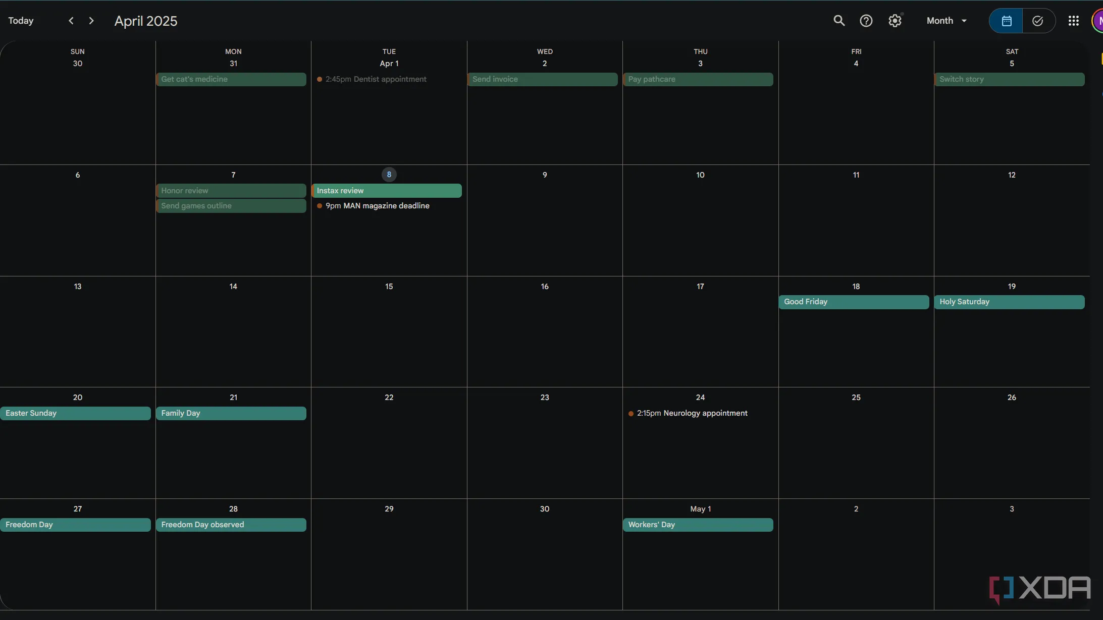 Giao diện xem lịch tháng trong Google Calendar