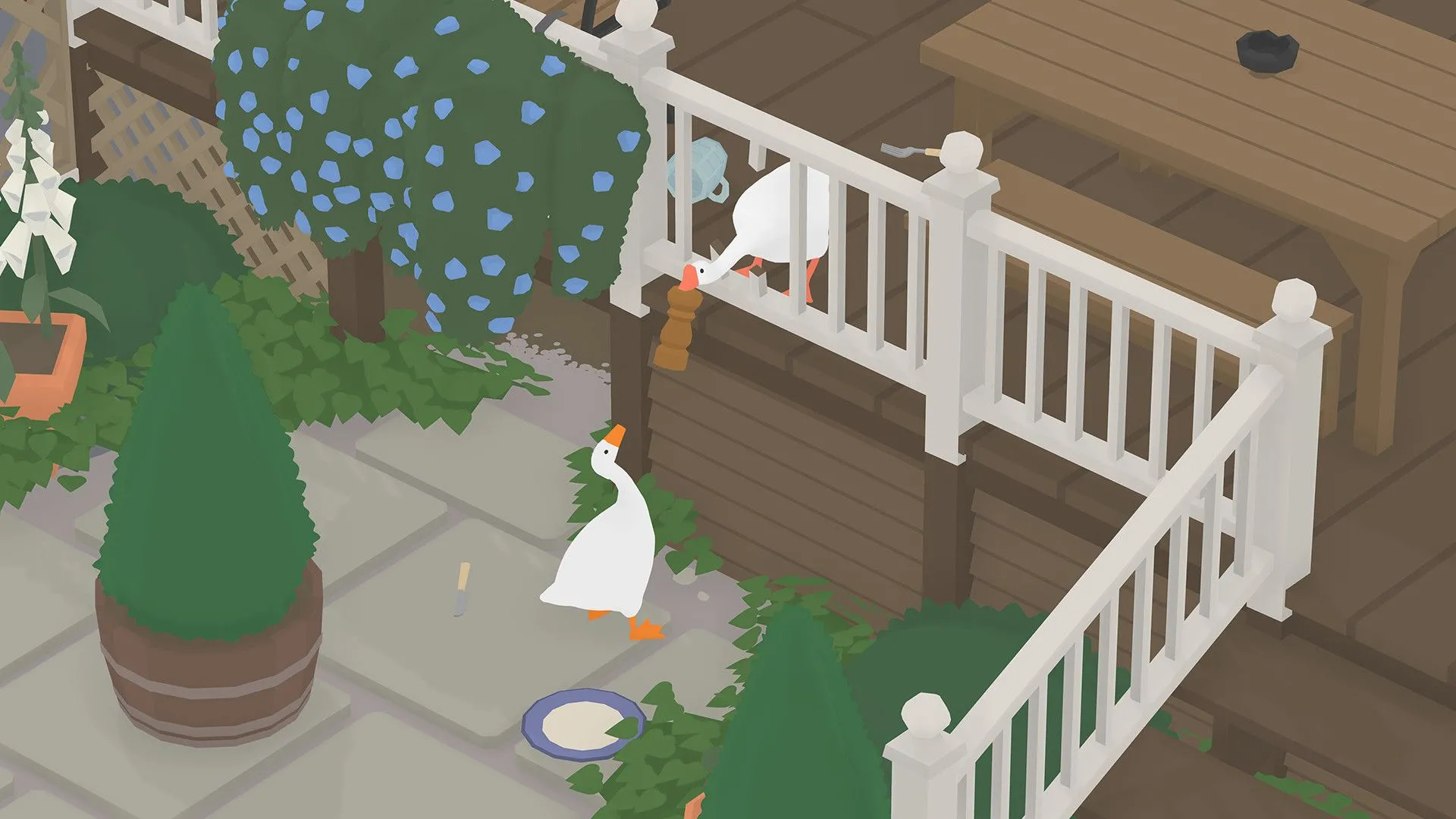 Hình ảnh gameplay của Untitled Goose Game, một tựa game co-op vui nhộn phù hợp cho các cặp đôi.