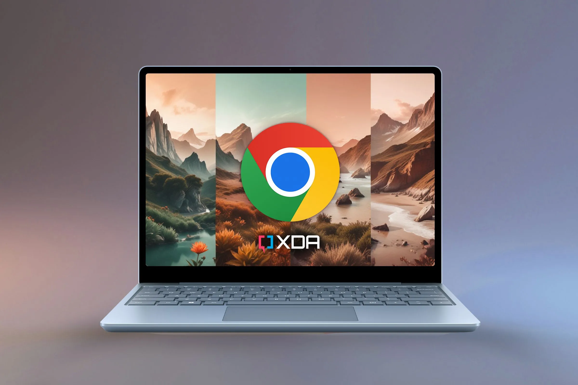 Hình ảnh minh họa một chiếc laptop hiển thị giao diện Google Chrome, biểu tượng Chrome và logo XDA, thể hiện sự phổ biến của trình duyệt
