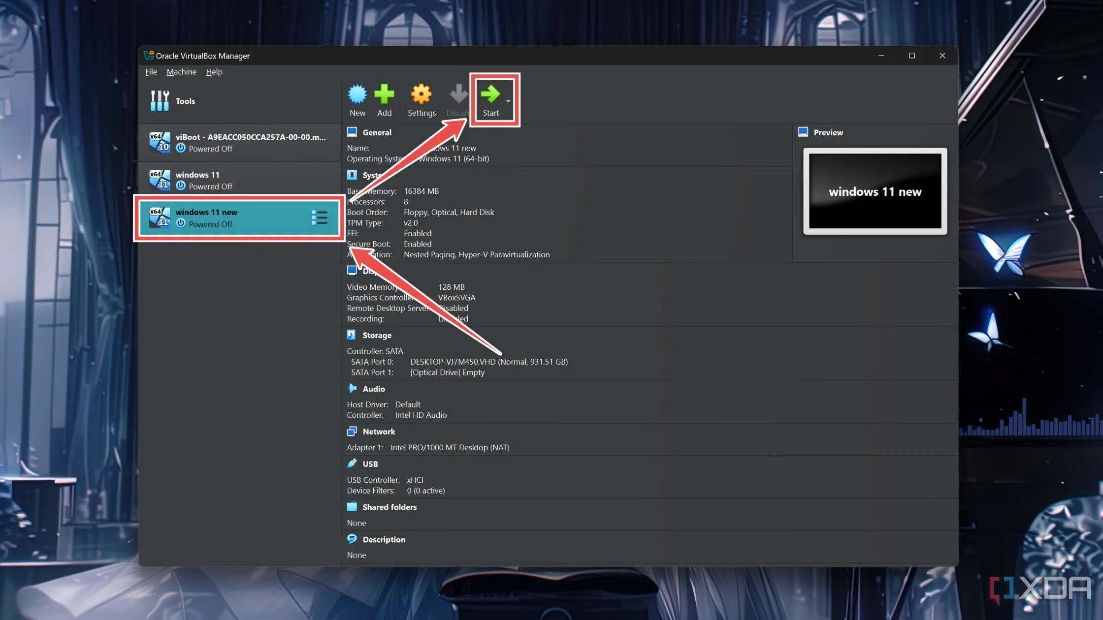 Khởi động máy ảo Windows 11 đã tạo trong VirtualBox bằng cách nhấn nút 'Start'