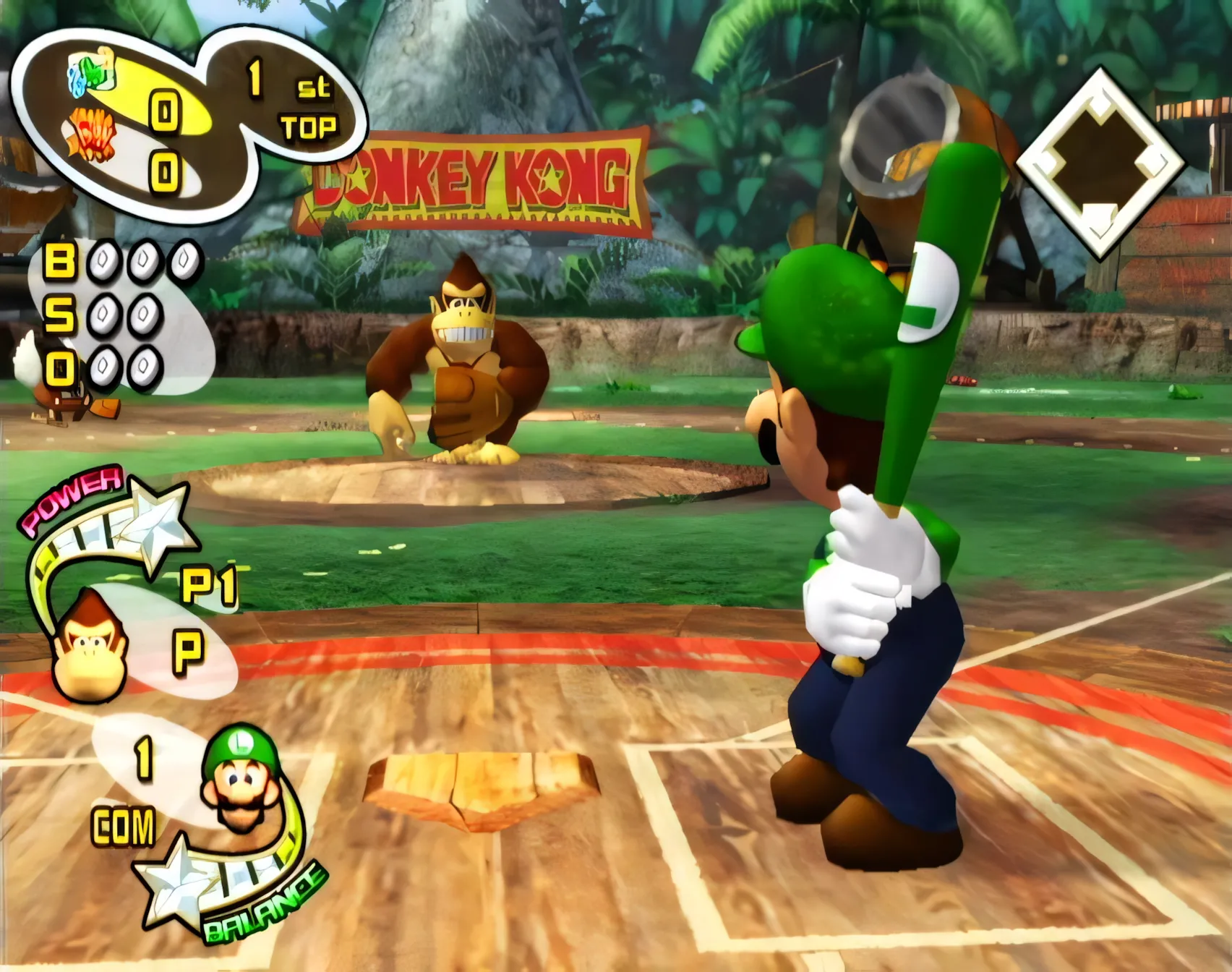 Luigi trong Mario Superstar Baseball đang đánh bóng