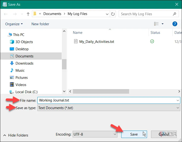 Lưu tệp nhật ký Notepad dưới định dạng .txt