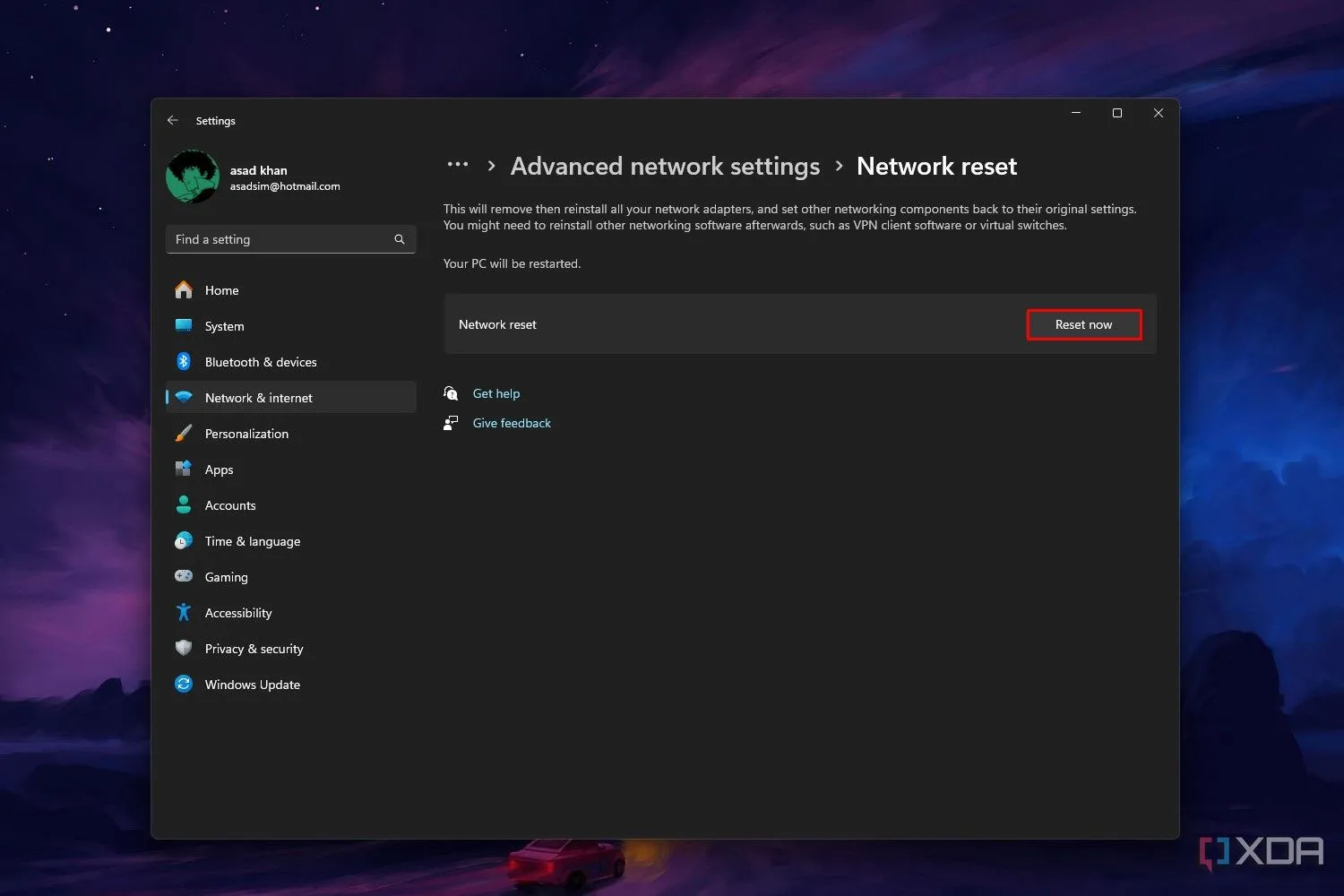 Màn hình cài đặt Windows 11 hiển thị trang Đặt lại Mạng, với nút &quot;Đặt lại ngay&quot; được tô sáng để khắc phục sự cố mạng