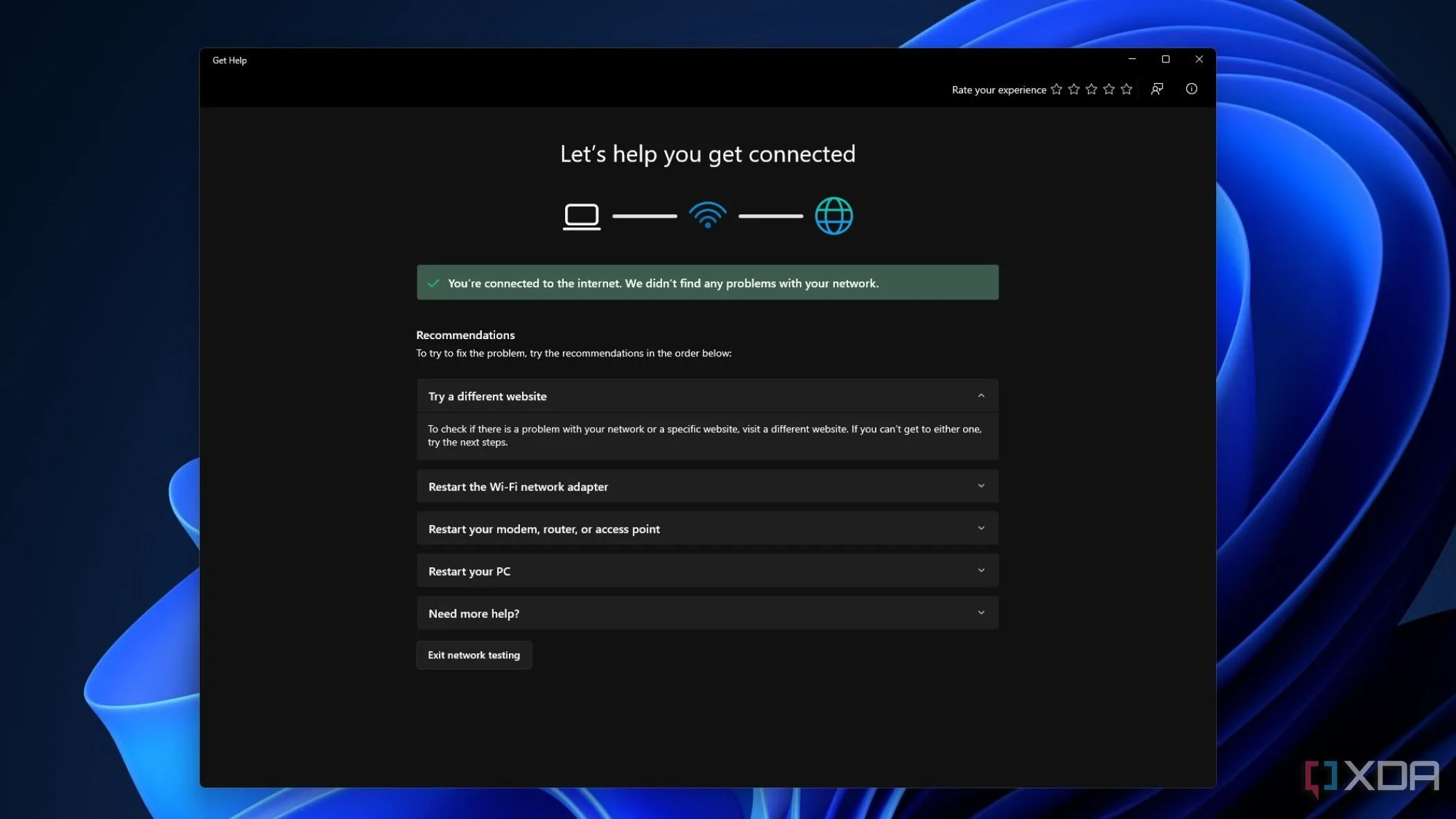 Màn hình Chẩn đoán Mạng và Internet của Windows 11, hiển thị các đề xuất khắc phục sự cố kết nối mạng