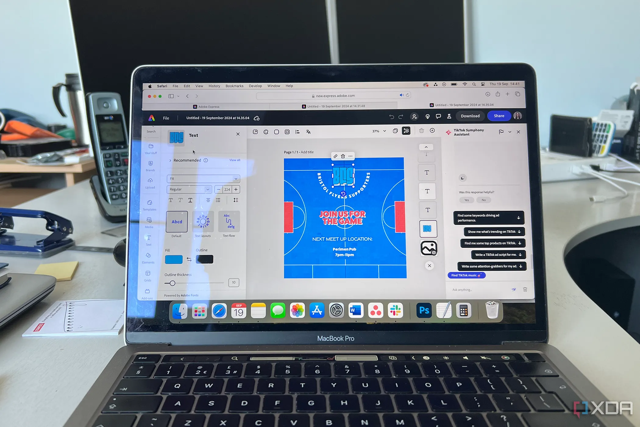 Màn hình MacBook Pro với giao diện Adobe Express Teams trong môi trường văn phòng