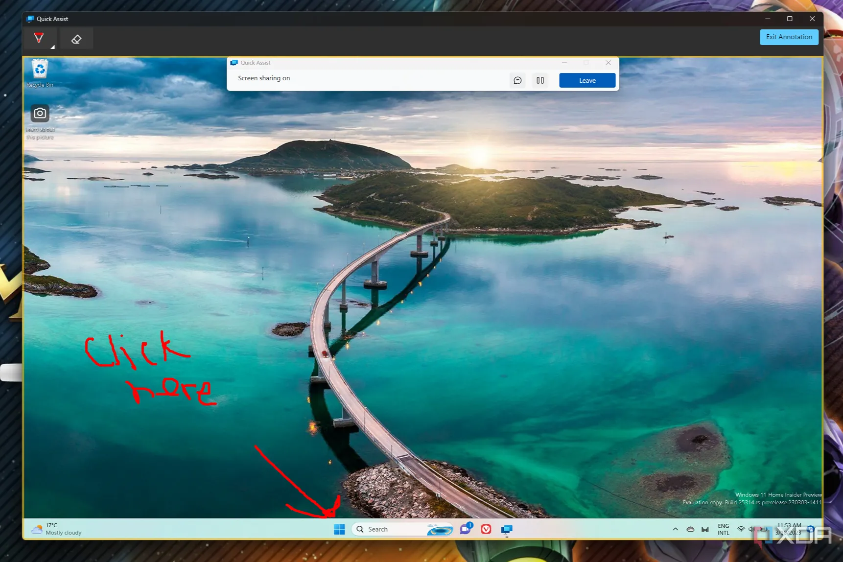 Màn hình ứng dụng Quick Assist trong Windows 11 với các công cụ chú thích được sử dụng để hướng dẫn từ xa