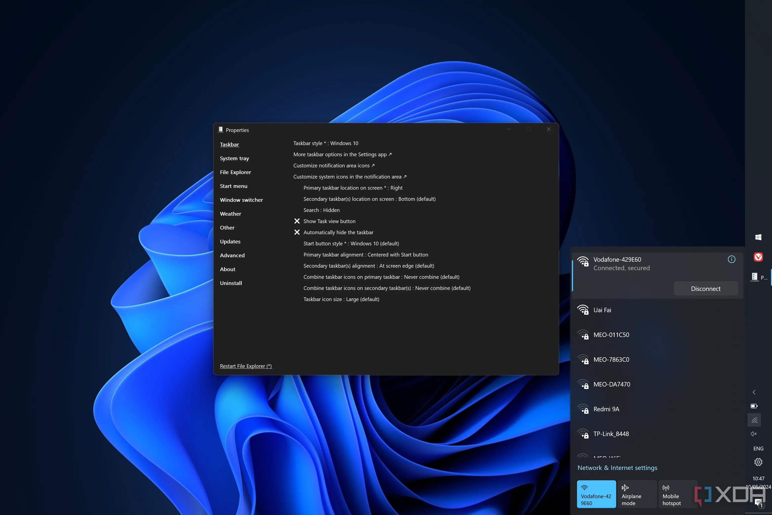Màn hình Windows 11 với thanh Taskbar được tùy chỉnh bởi ExplorerPatcher