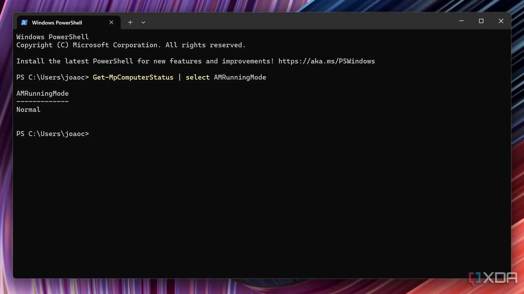 Màn hình Windows Terminal sau khi chạy lệnh để xác minh trạng thái hiện tại của Microsoft Defender
