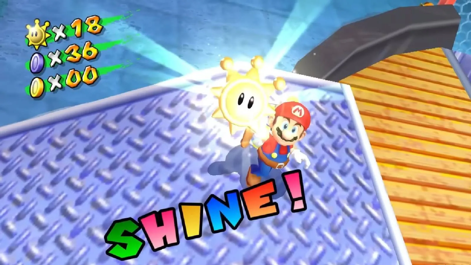Mario thu thập Shine Sprite trong khung cảnh tươi sáng của game Super Mario Sunshine