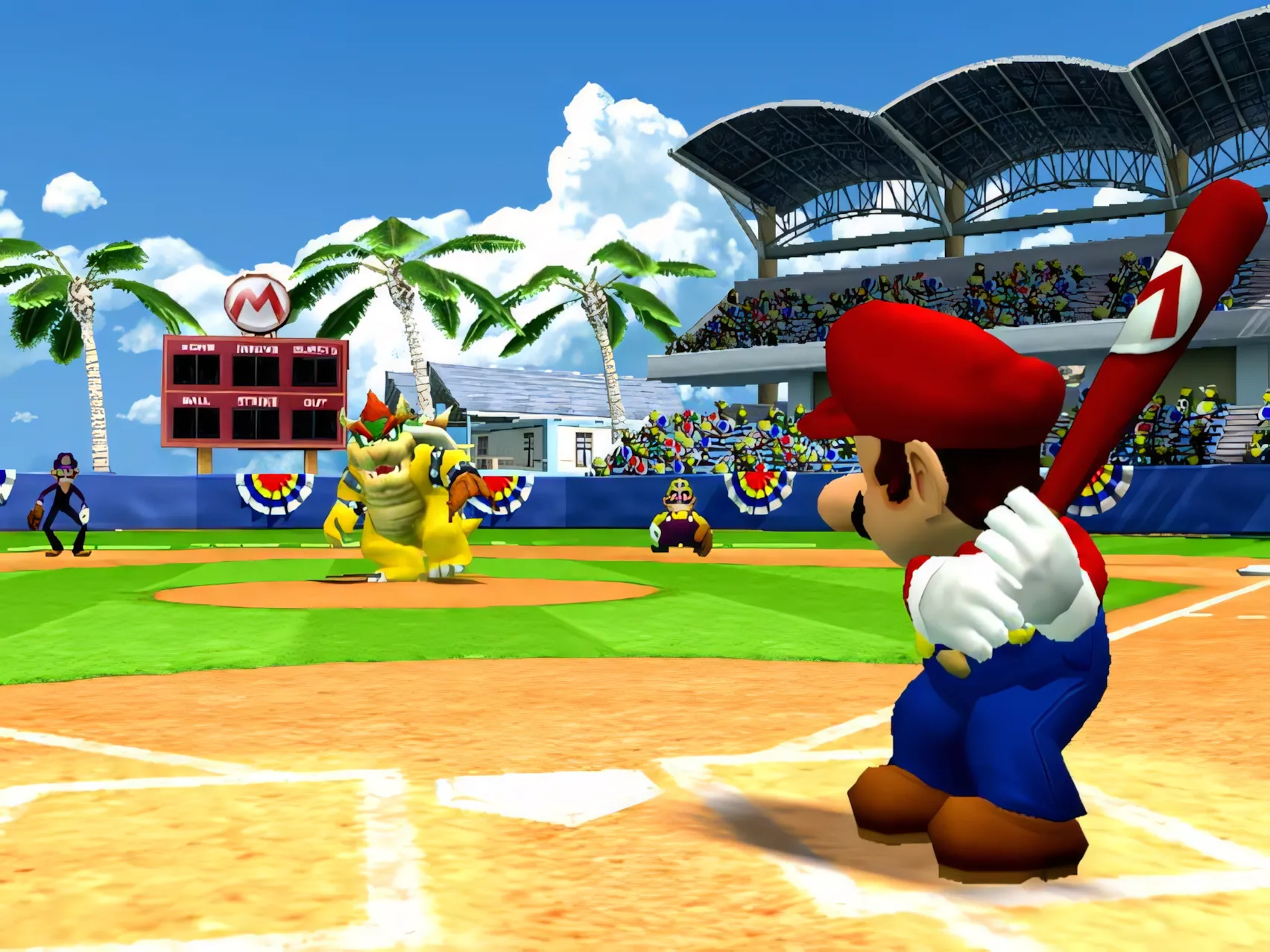 Mario trong Mario Superstar Baseball đang đánh bóng