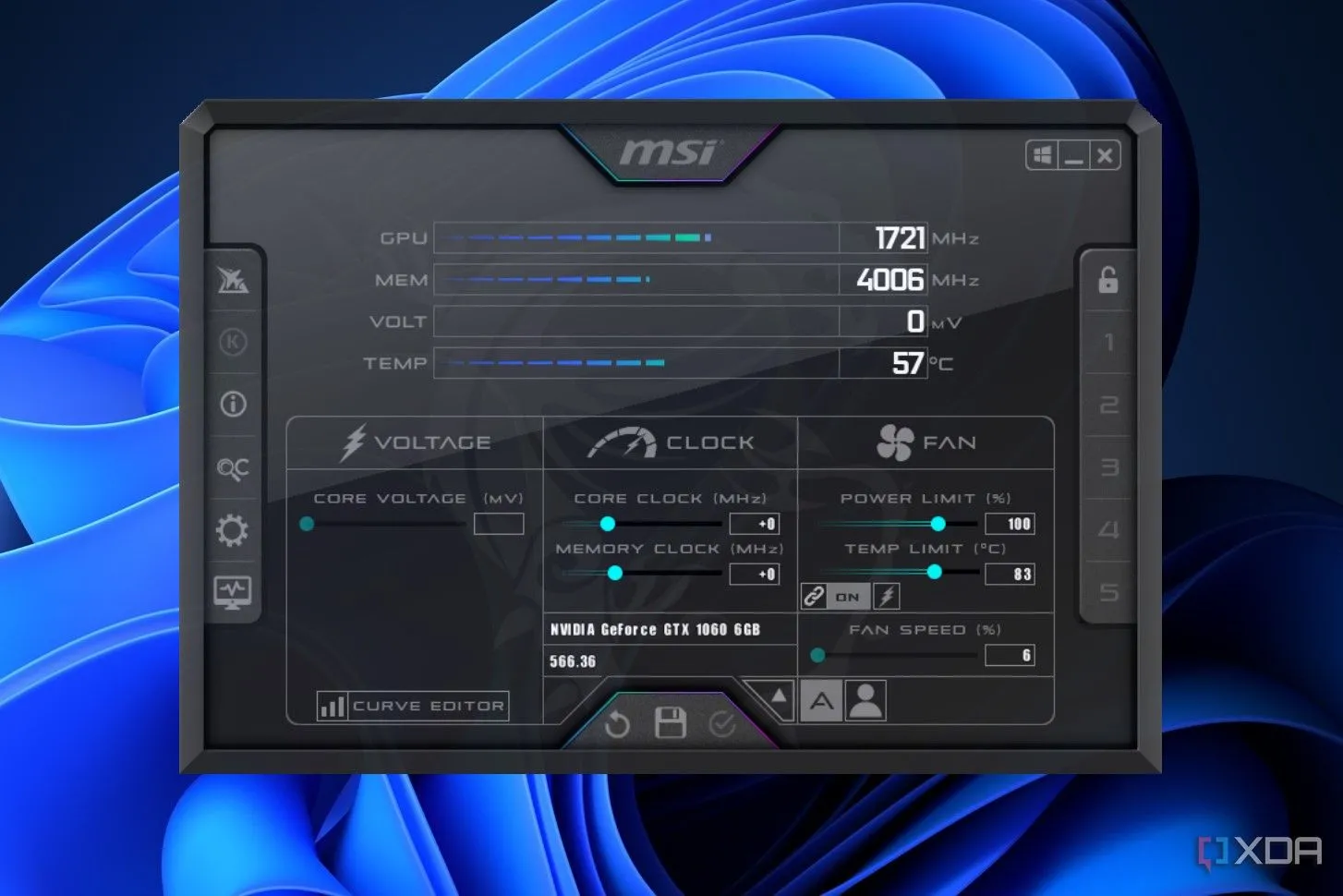 Menu chính của phần mềm giám sát hiệu năng MSI Afterburner trên máy tính.