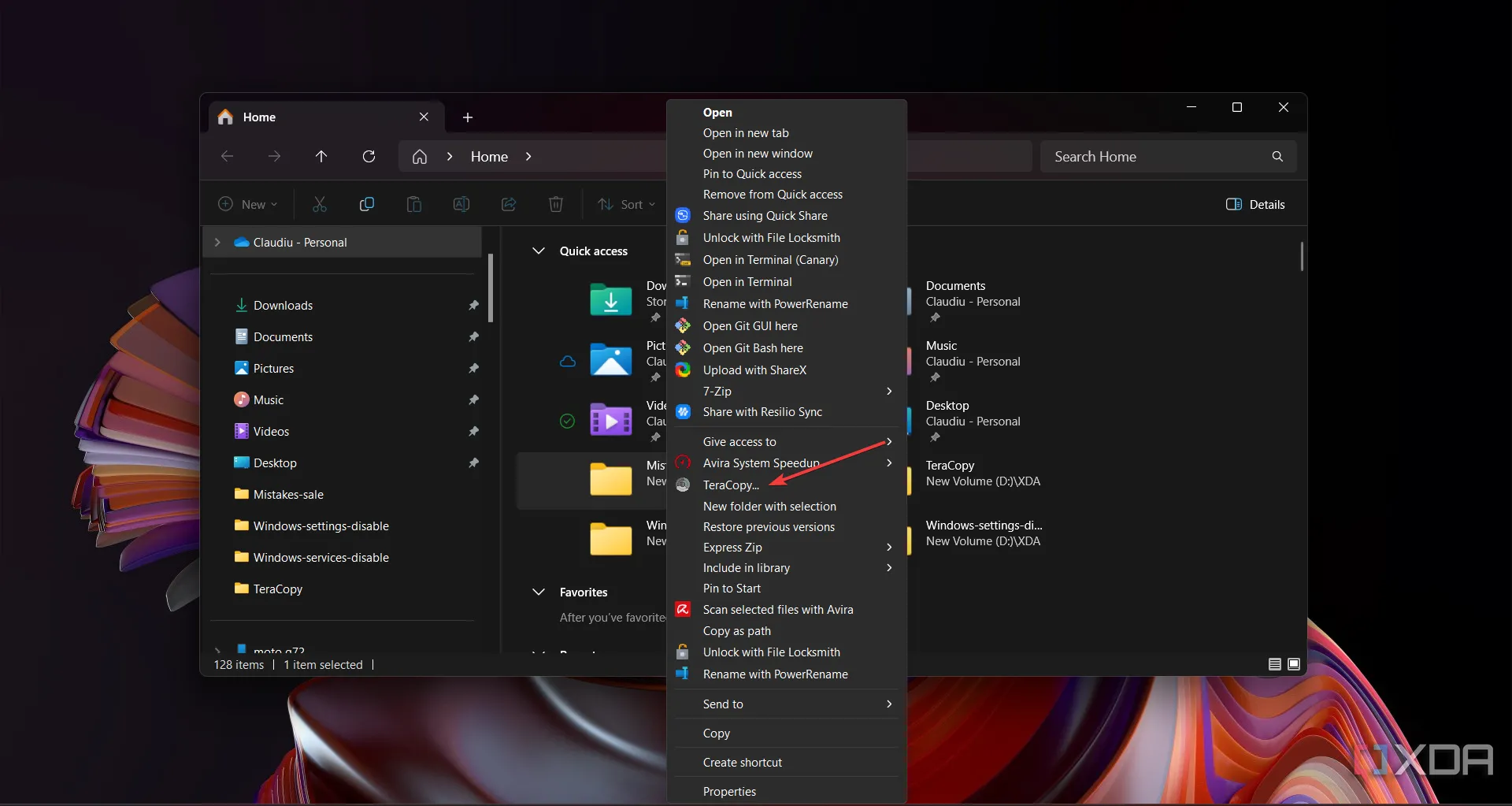 Menu ngữ cảnh chuột phải trong Windows Explorer hiển thị tùy chọn TeraCopy, cho thấy khả năng tích hợp liền mạch của phần mềm.