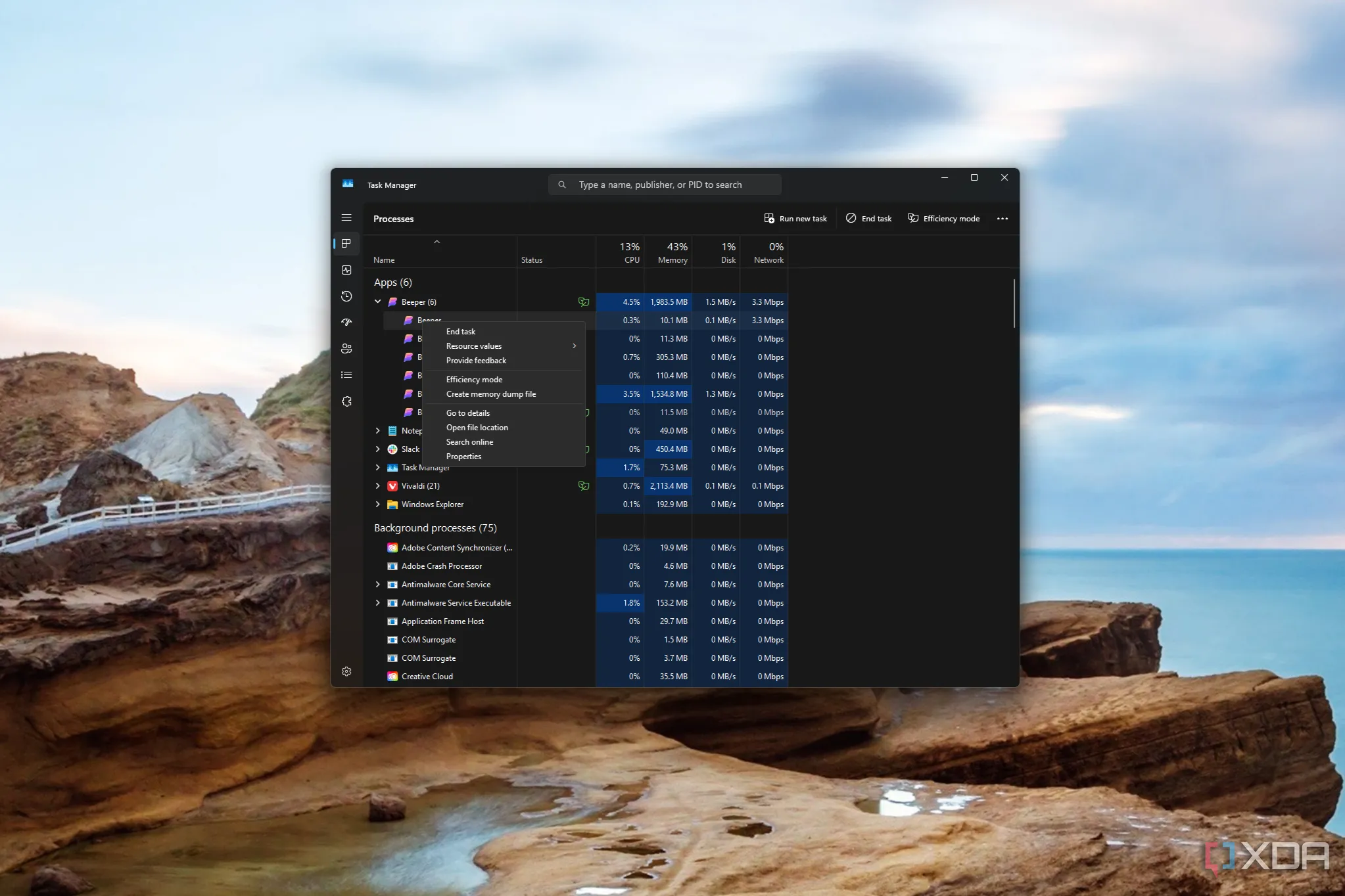 Menu ngữ cảnh khi nhấp chuột phải vào một tiến trình trong Task Manager