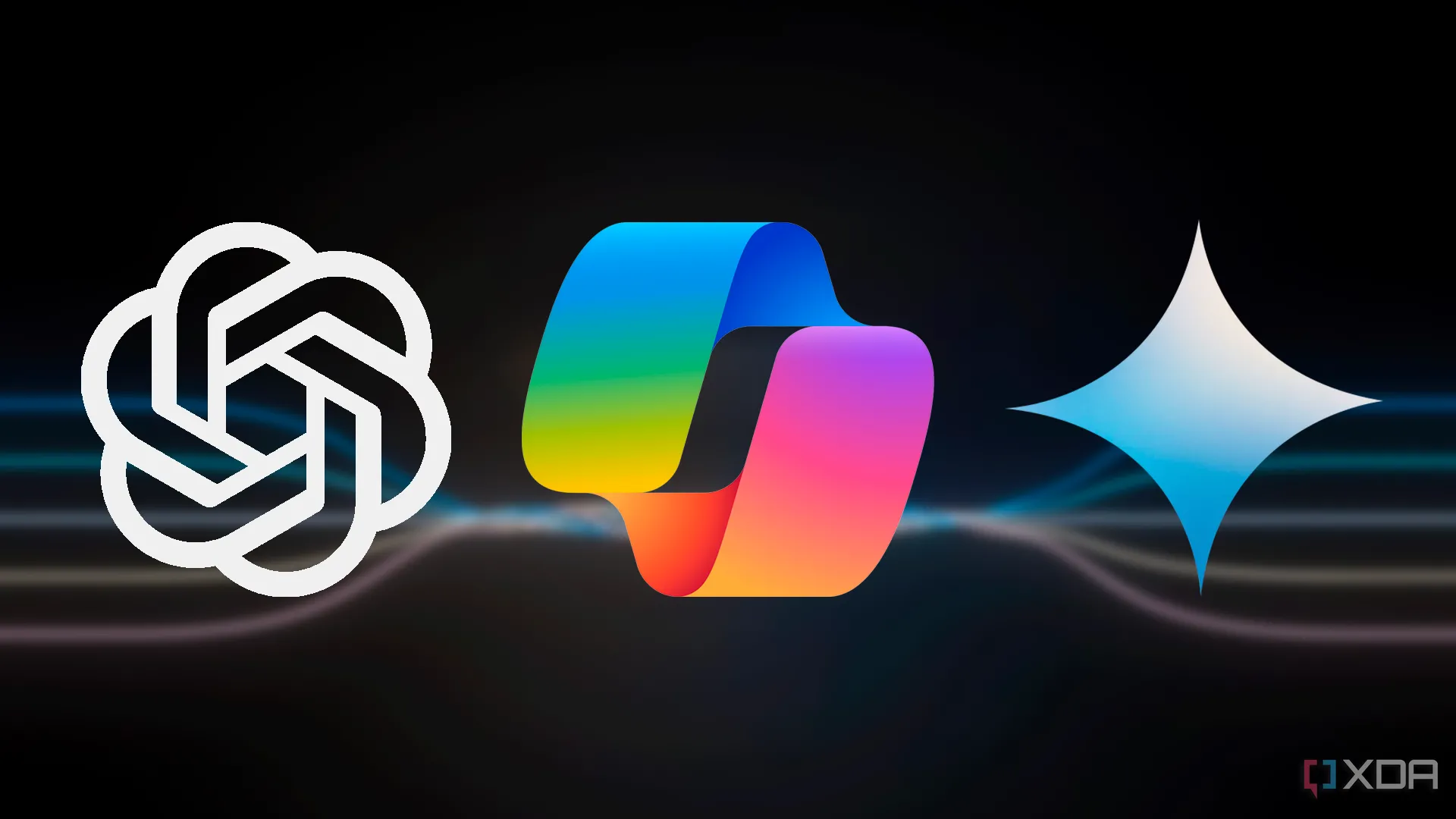 Minh họa các logo AI Chatbot gồm ChatGPT, Microsoft Copilot và Google Gemini, thể hiện cuộc chiến công nghệ tìm kiếm tích hợp AI.