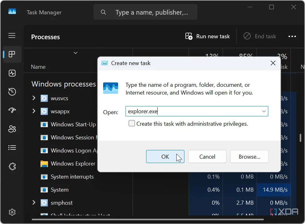 Minh họa cách buộc dừng và chạy lại tiến trình explorer.exe