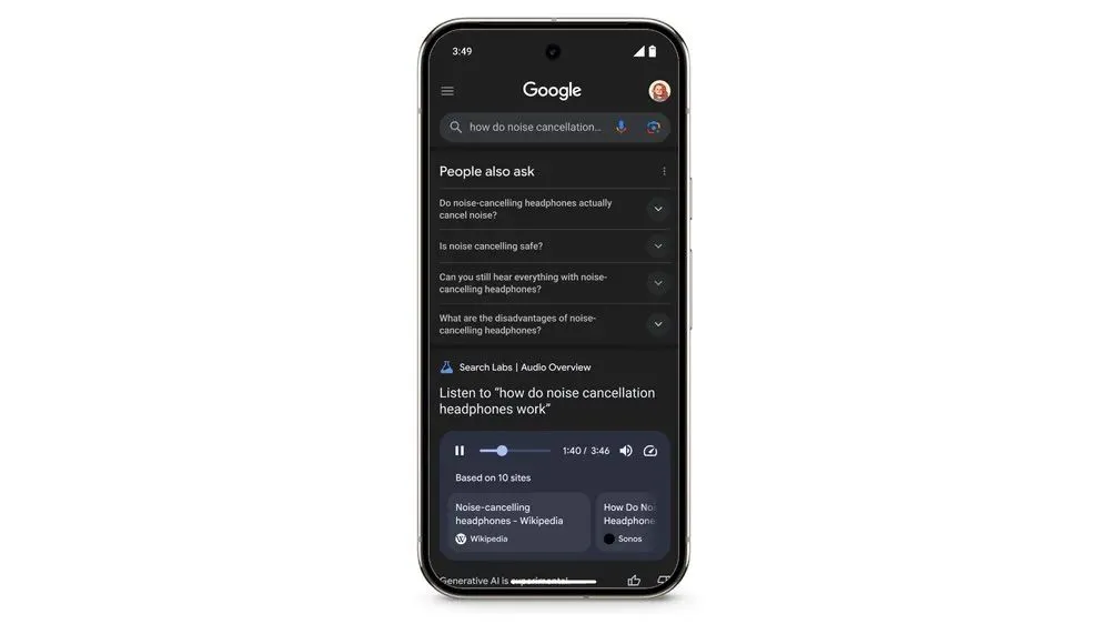 Minh họa tính năng Audio Overviews hiển thị trong kết quả tìm kiếm Google