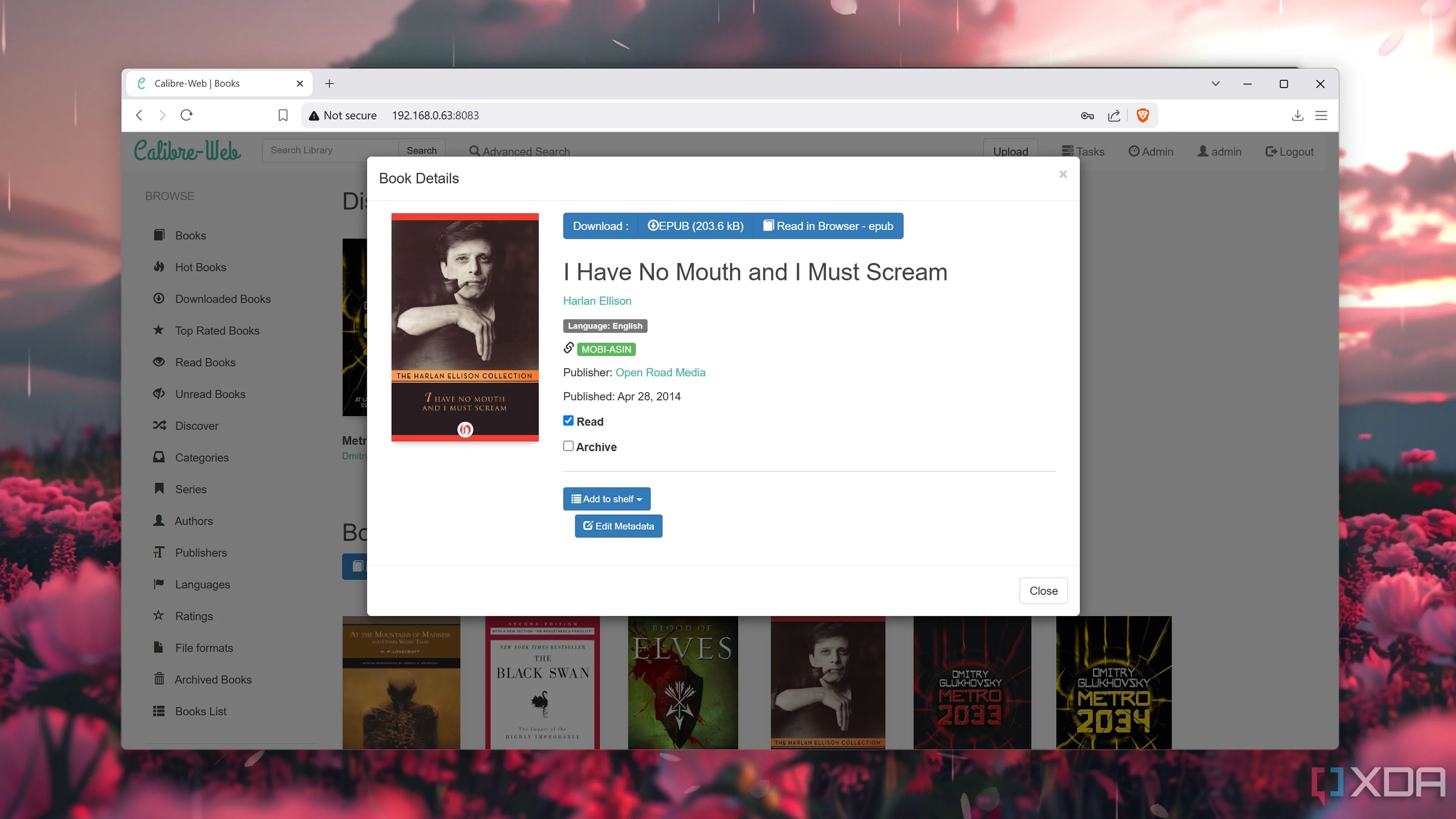 Mở một cuốn sách trên Calibre-Web, thể hiện tính năng quản lý và đọc ebook trực tuyến.